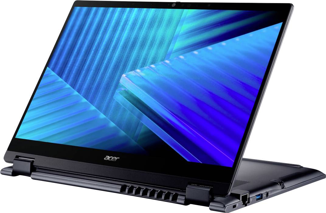Ein Convertible-Laptop im Zeltmodus zeigt blaue geometrische Muster auf dem Bildschirm und veranschaulicht damit sein flexibles Design und seine moderne Technologie.