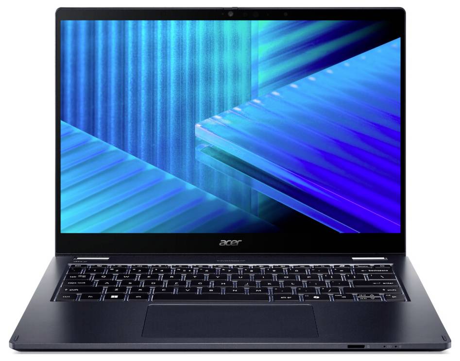 Ein Acer-Laptop mit einem blau-thematischen abstrakten Hintergrund auf dem Bildschirm. Die Tastatur ist hinterleuchtet, und das Gerät wird von vorne geöffnet präsentiert.