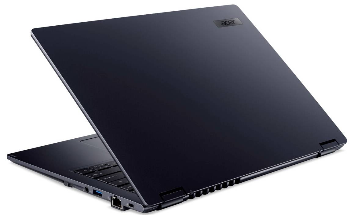 Ein dunkel gefärbter Laptop, halb geschlossen, mit Blick auf die Rückseite, auf der das 'Acer' Logo zu sehen ist, der sein elegantes Design und moderne Funktionen hervorhebt.