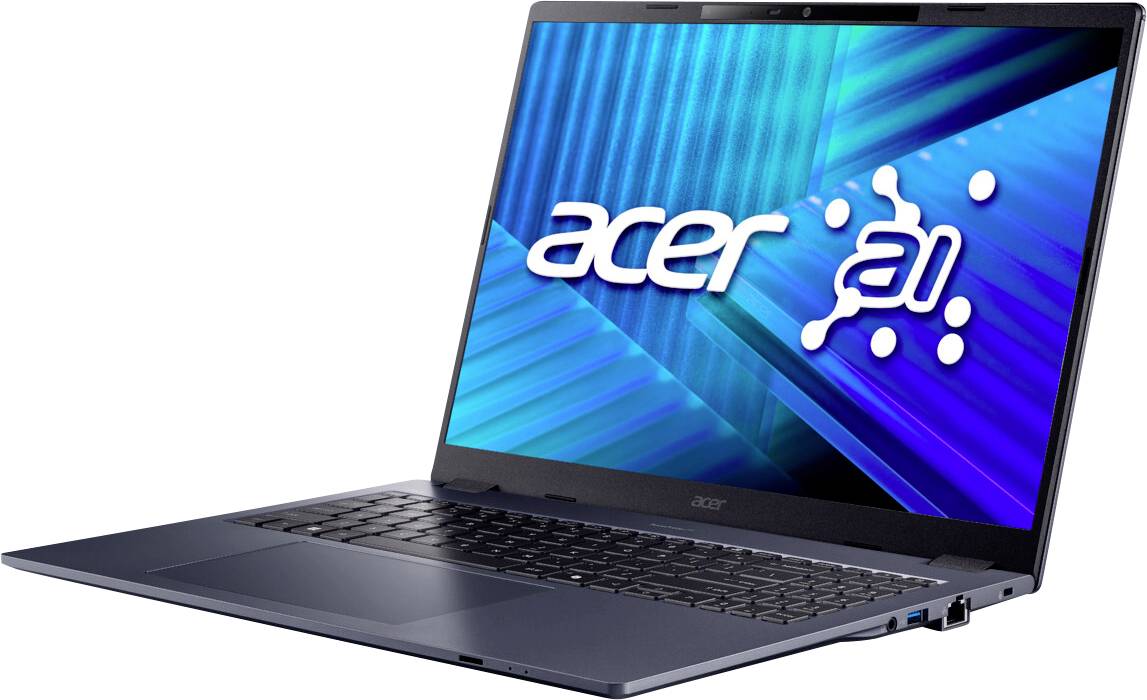 Ein blauer Acer-Laptop geöffnet mit einem Bildschirm, auf dem der Text 'acer ai' vor einem blauen abstrakten Hintergrund angezeigt wird.