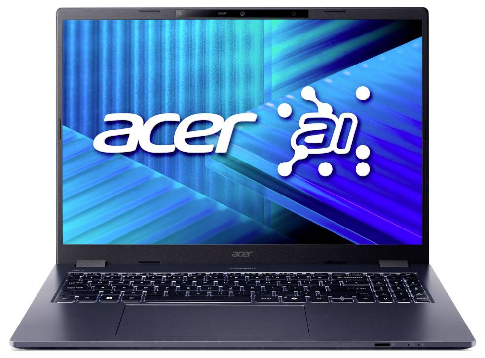 Ein Laptop, der auf dem Bildschirm 'acer ai' mit blauem abstraktem Hintergrund zeigt und eine Fokussierung auf Künstliche Intelligenz-Technologie andeutet.