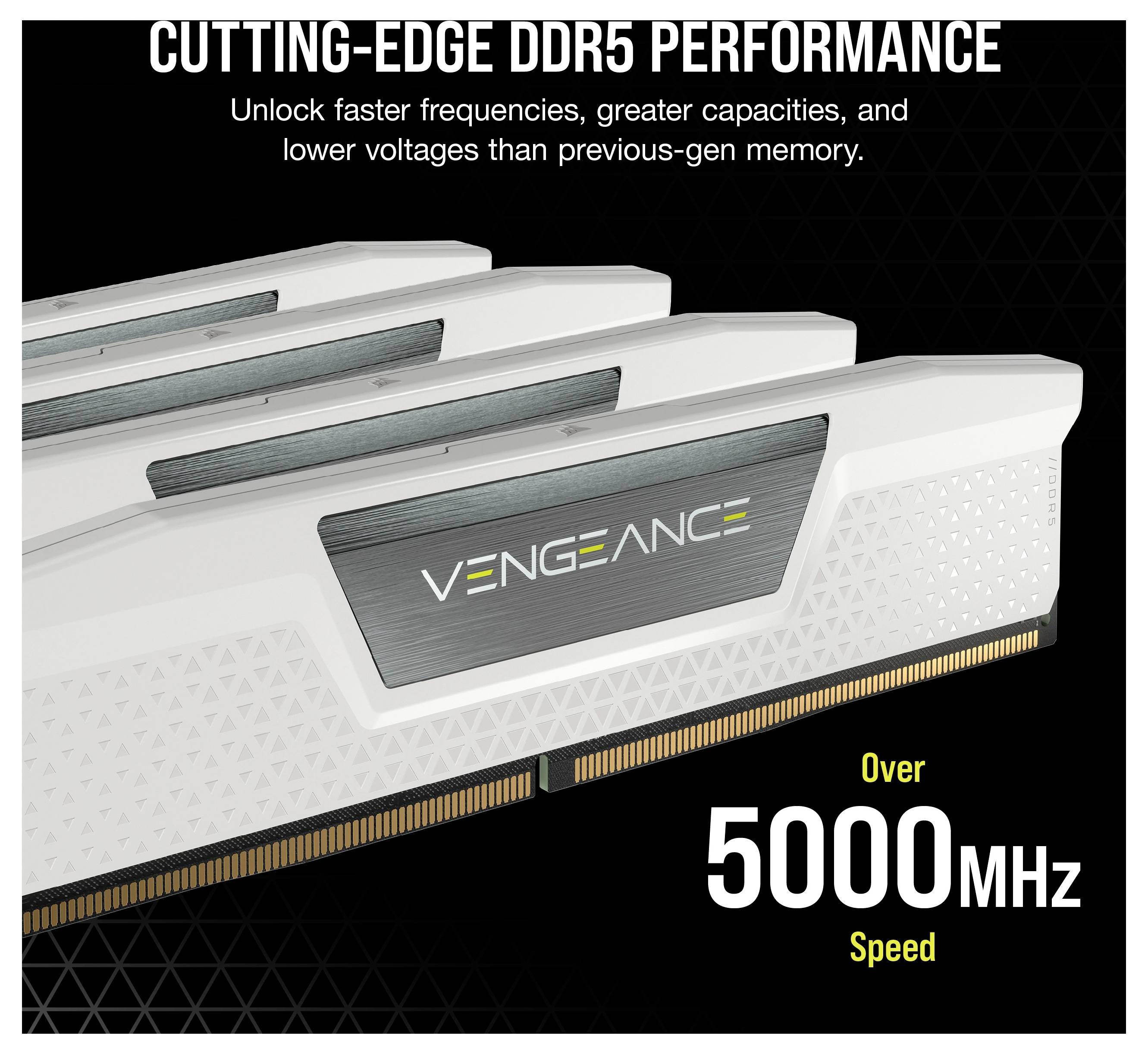 Vengeance DDR5 RAM-Module; Highlights umfassen über 5000MHz Geschwindigkeit, fortschrittliche Leistung und verbesserte Effizienz gegenüber vorherigen Generationen.