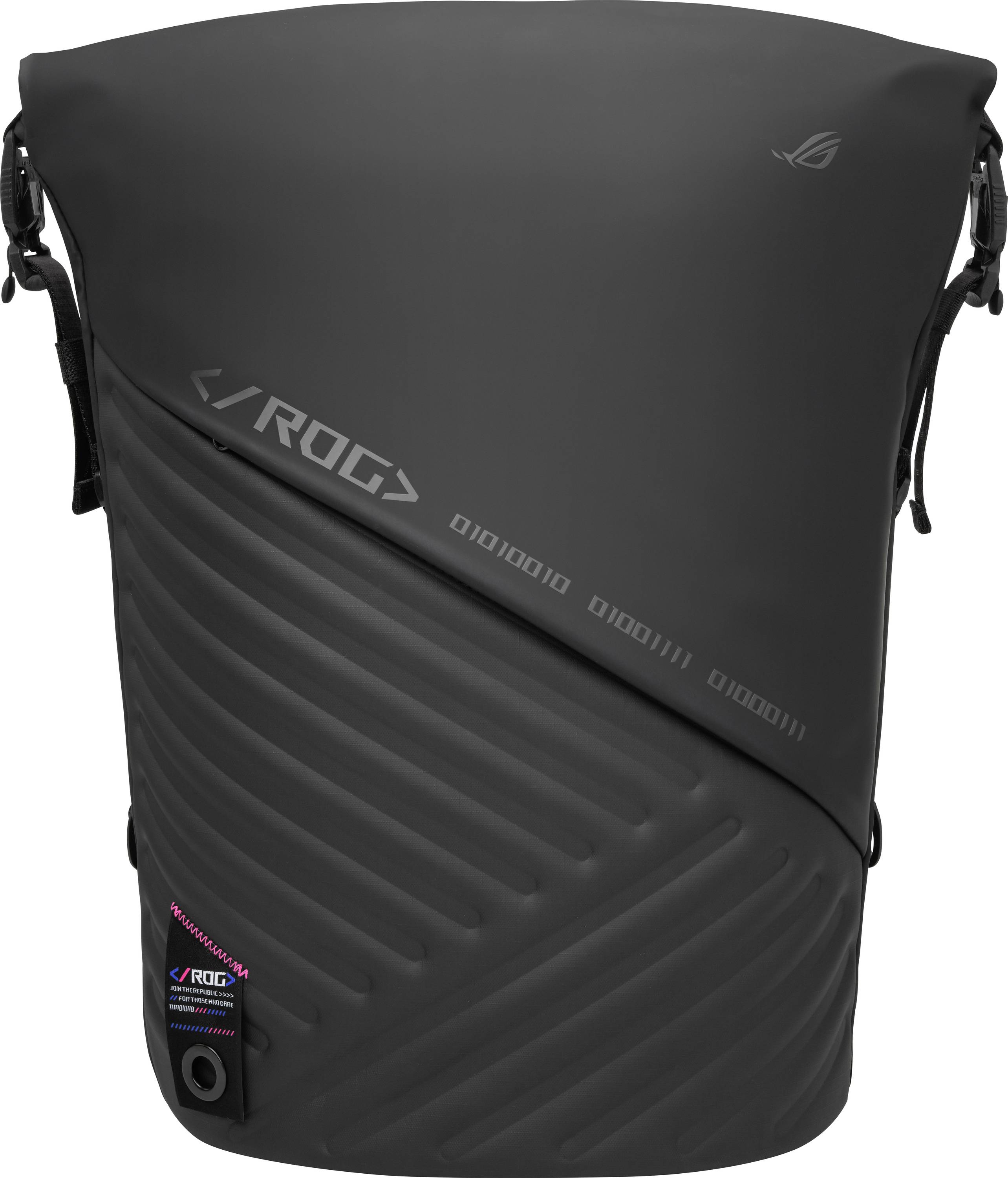 Ein schlanker, schwarzer Rucksack mit einem technologisch inspirierten Design, subtiler Markierung und futuristischen Akzenten, ideal für Gaming-Enthusiasten.