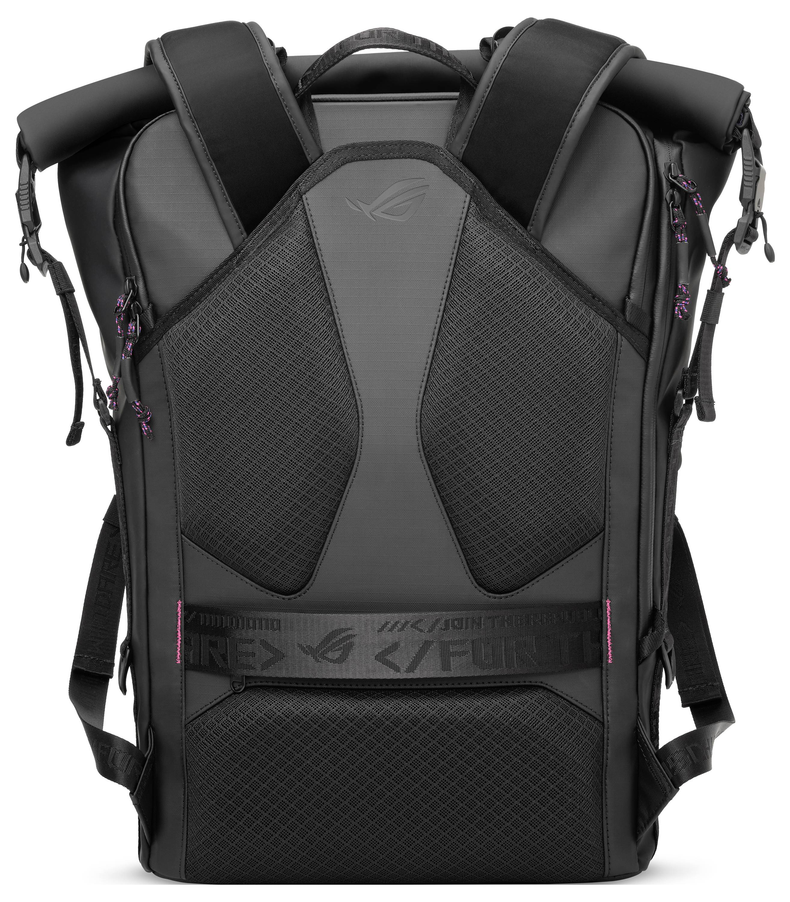 Ein schwarzer Gaming-Rucksack mit gepolsterten Schultergurten, mehreren Fächern und einem schlanken, futuristischen Design, der sich hervorragend zum Tragen von Technik-Ausrüstung eignet.
