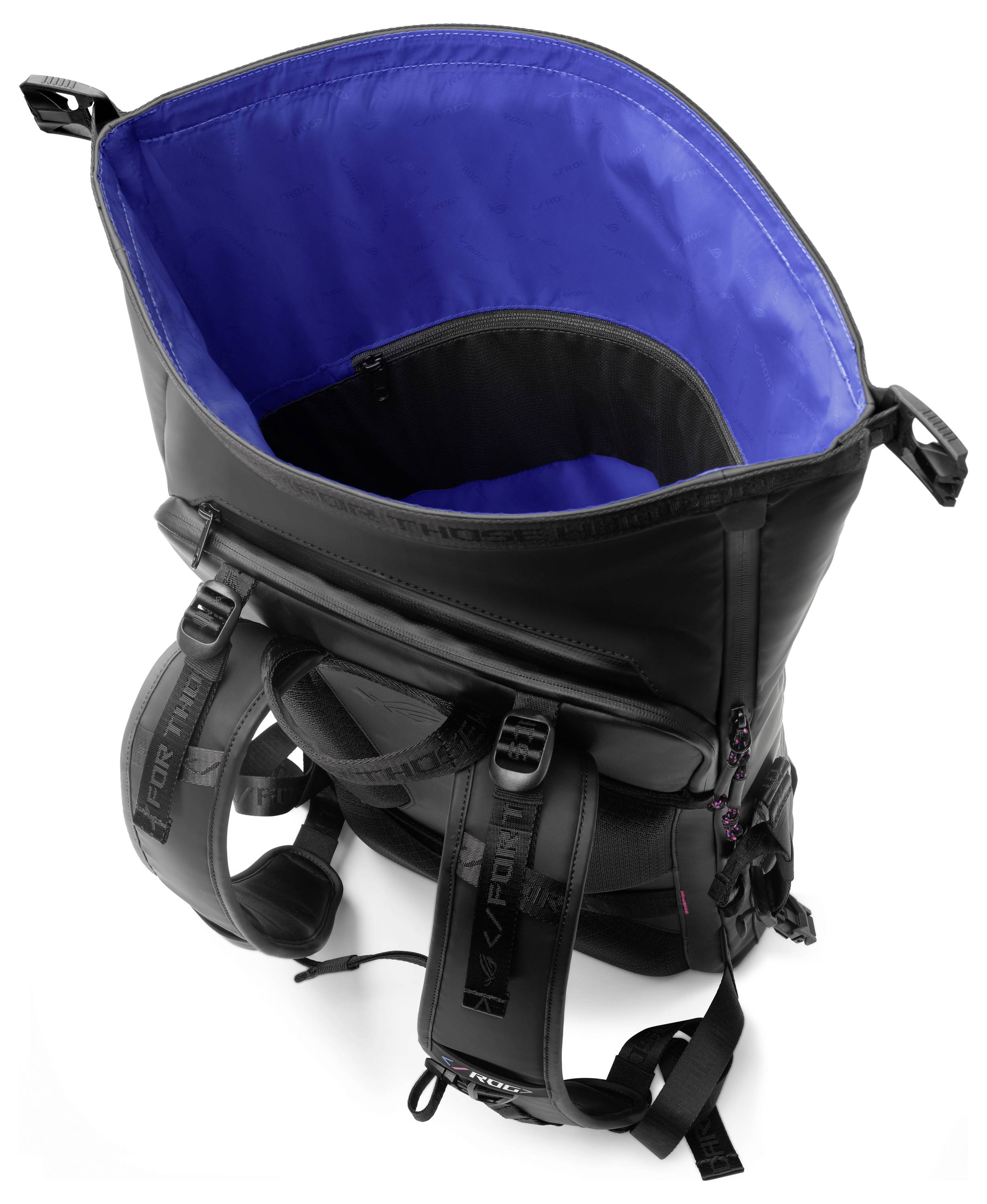 Ein Draufsicht-Bild eines geöffneten schwarzen Rucksacks mit hellblauem Innenraum, der Schulterriemen und eine Reißverschlusstasche an der Vorderseite zeigt.