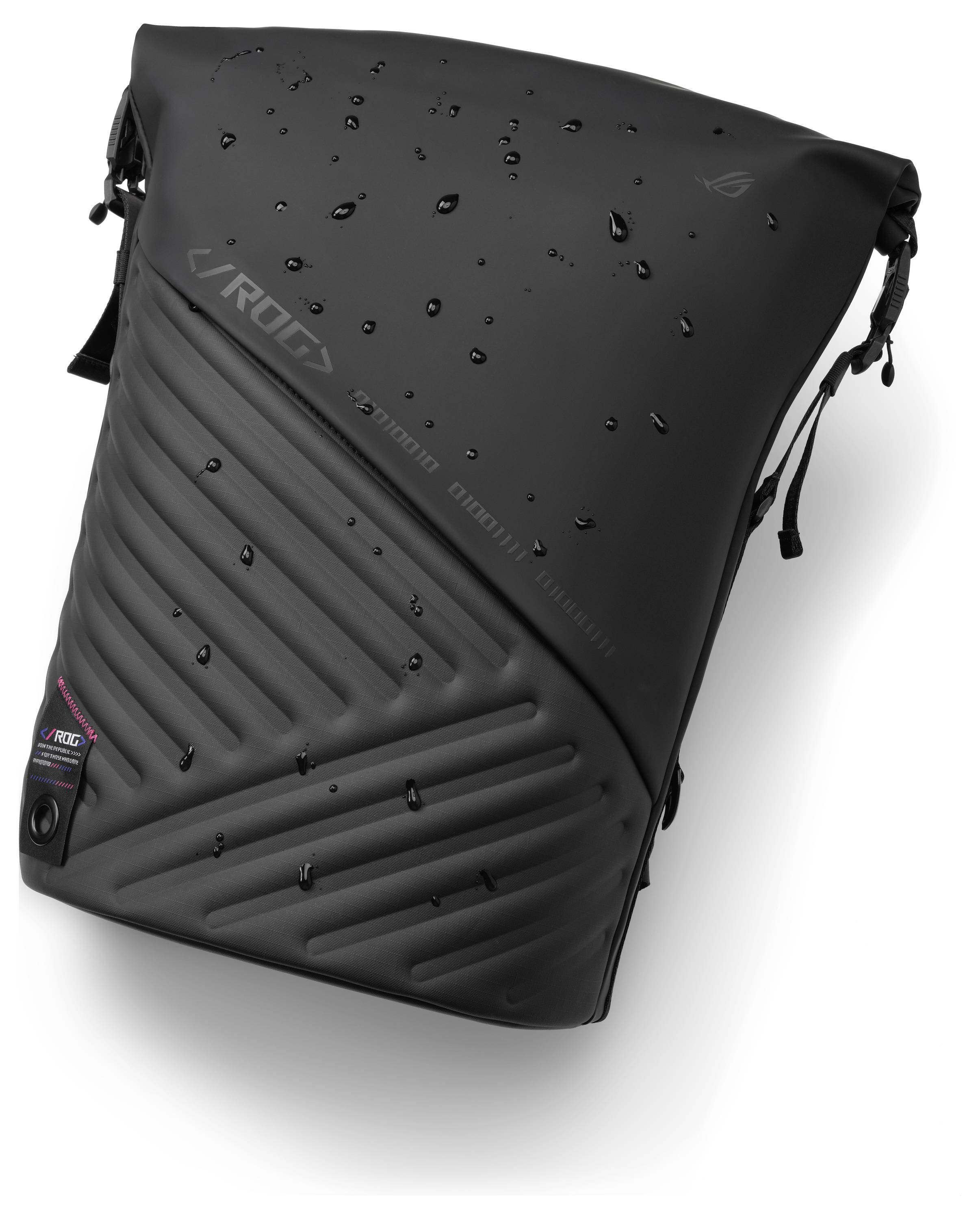 Wasserdichter schwarzer Rucksack mit elegantem Design, der Wassertropfen auf der Oberfläche aufweist und damit seine Schutzfunktion gegen Regen signalisiert.