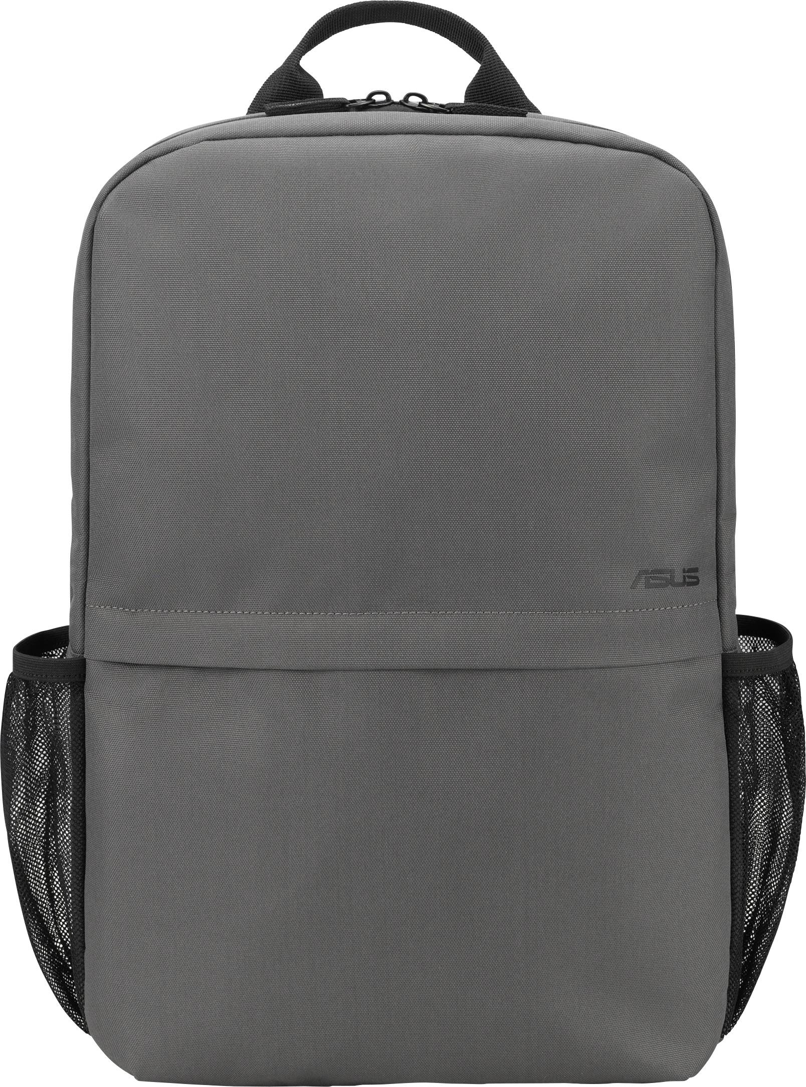 Ein schlanker, grauer Rucksack mit minimalistischem Design, ausgestattet mit einem Tragegriff und Netzseitentaschen, geeignet für Schule oder Reisen.