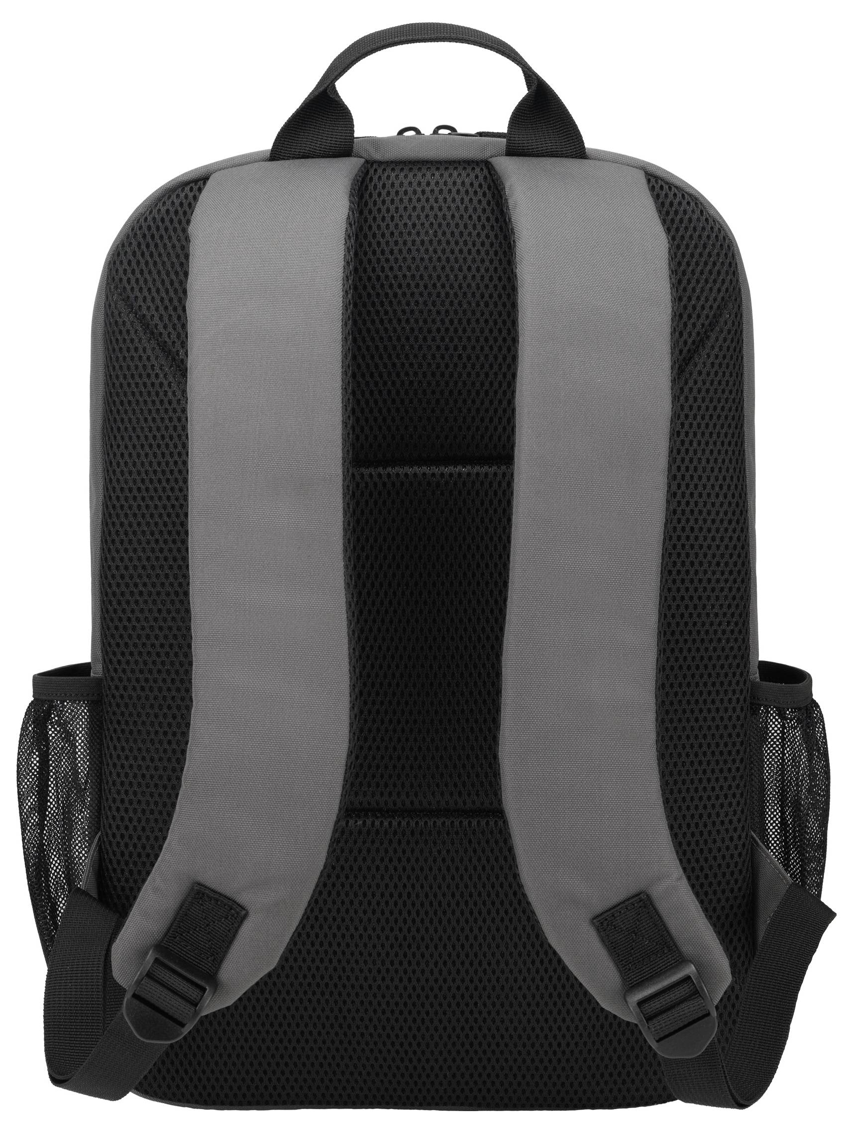 Ein schwarzer Rucksack mit gepolsterten Schultergurten und seitlichen Netztaschen, von hinten betrachtet.