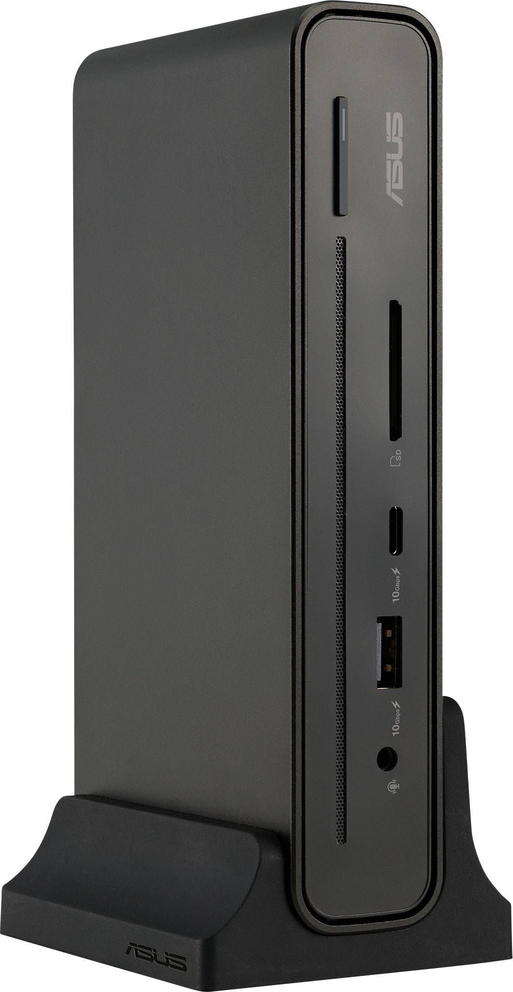 Kompakter, schwarzer ASUS-Desktop-Computer, der vertikal auf einer Basis steht und an der Frontseite USB-Anschlüsse, Kartensteckplätze und einen Einschaltknopf aufweist.