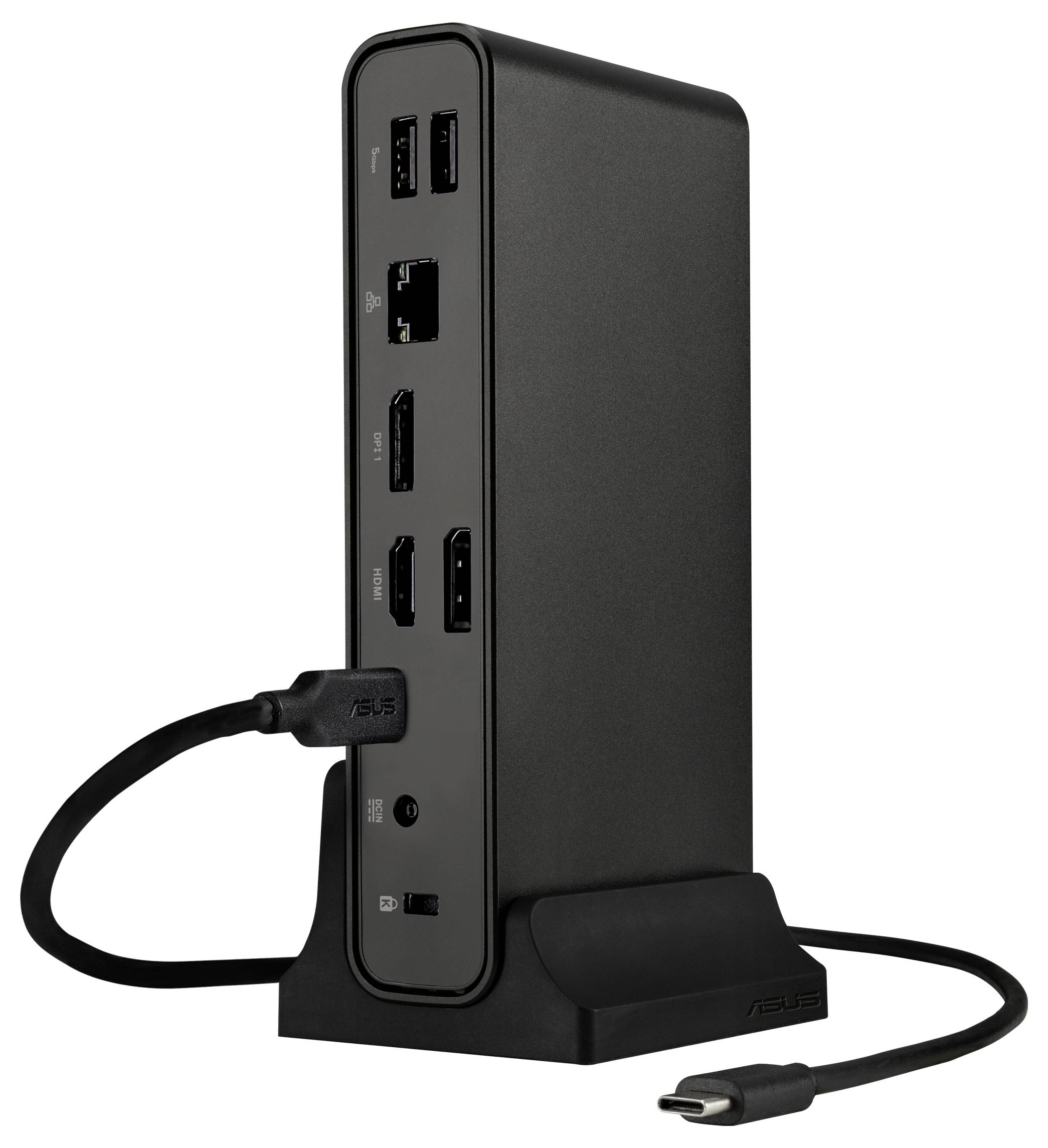 Eine schwarze Dockingstation mit mehreren Anschlüssen, darunter USB, Ethernet und Audio, mit einem USB-C-Kabel verbunden, die vertikal steht.