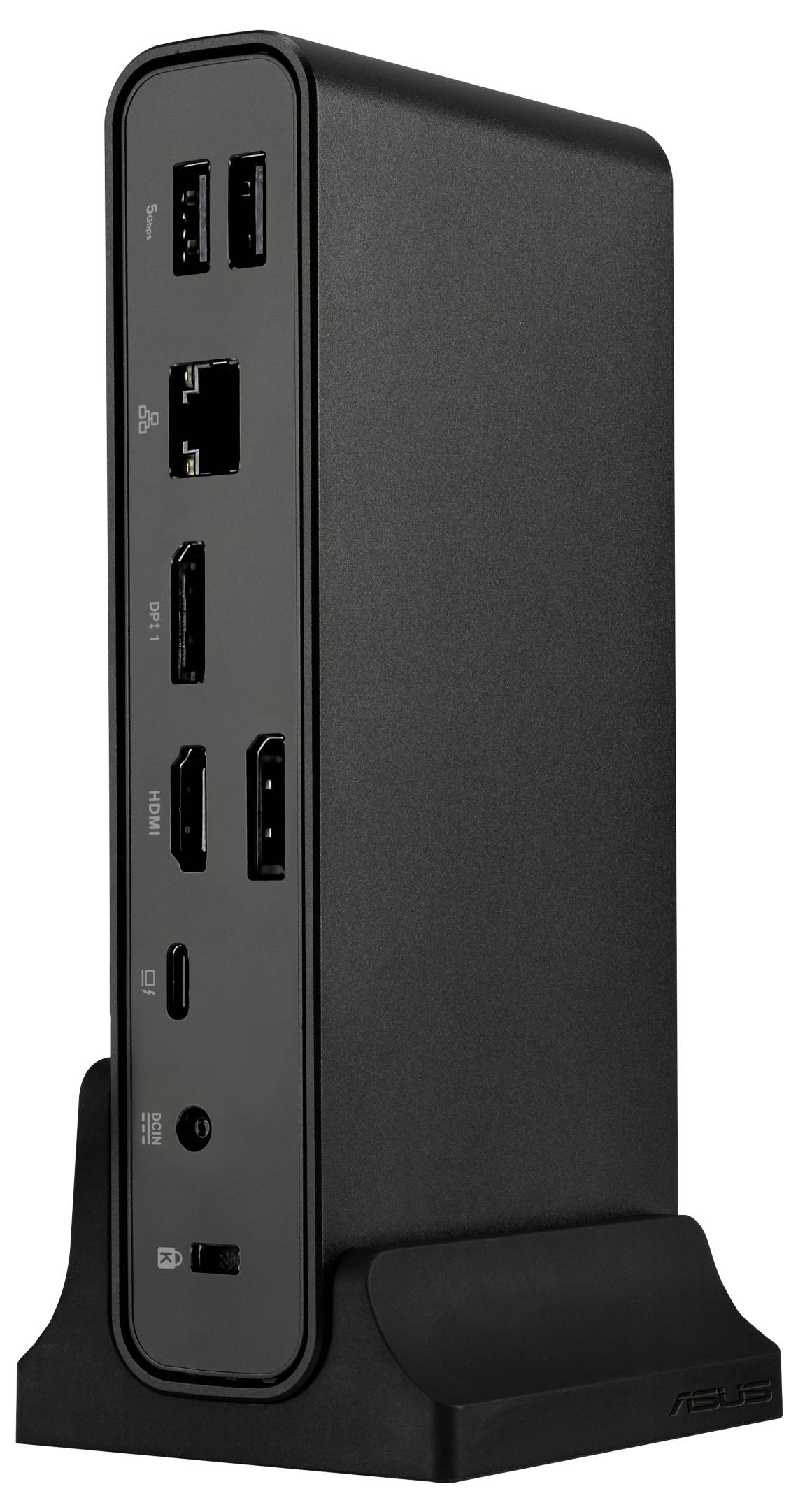 Eine schwarze, vertikale Computer-Dockingstation mit mehreren USB-, HDMI- und Ethernet-Anschlüssen, die auf einem Ständer für einfacheren Zugriff platziert ist.