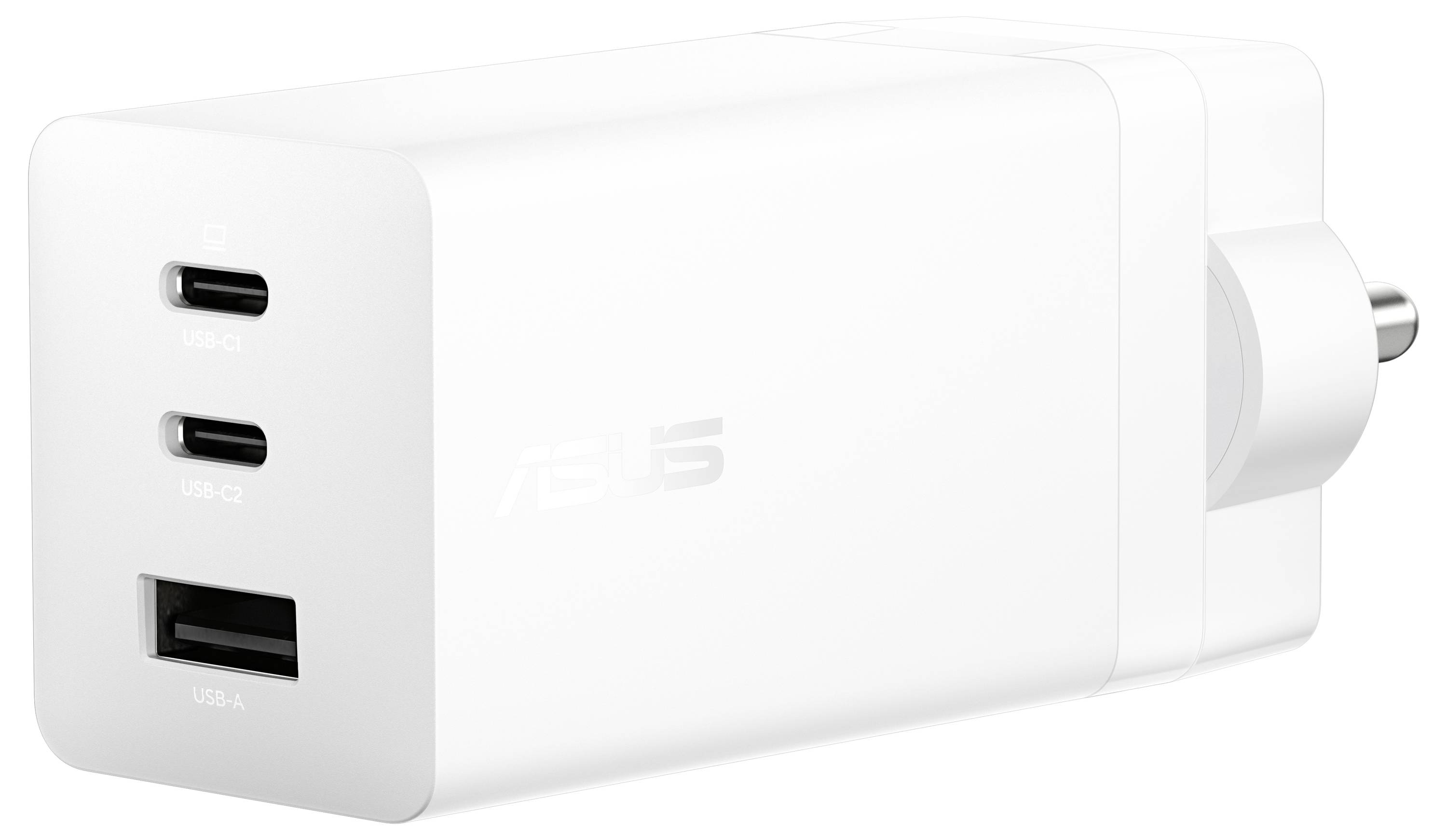 Ein weißer Wandladegerät mit zwei USB-C-Anschlüssen und einem USB-A-Anschluss, entwickelt für schnelles Laden.