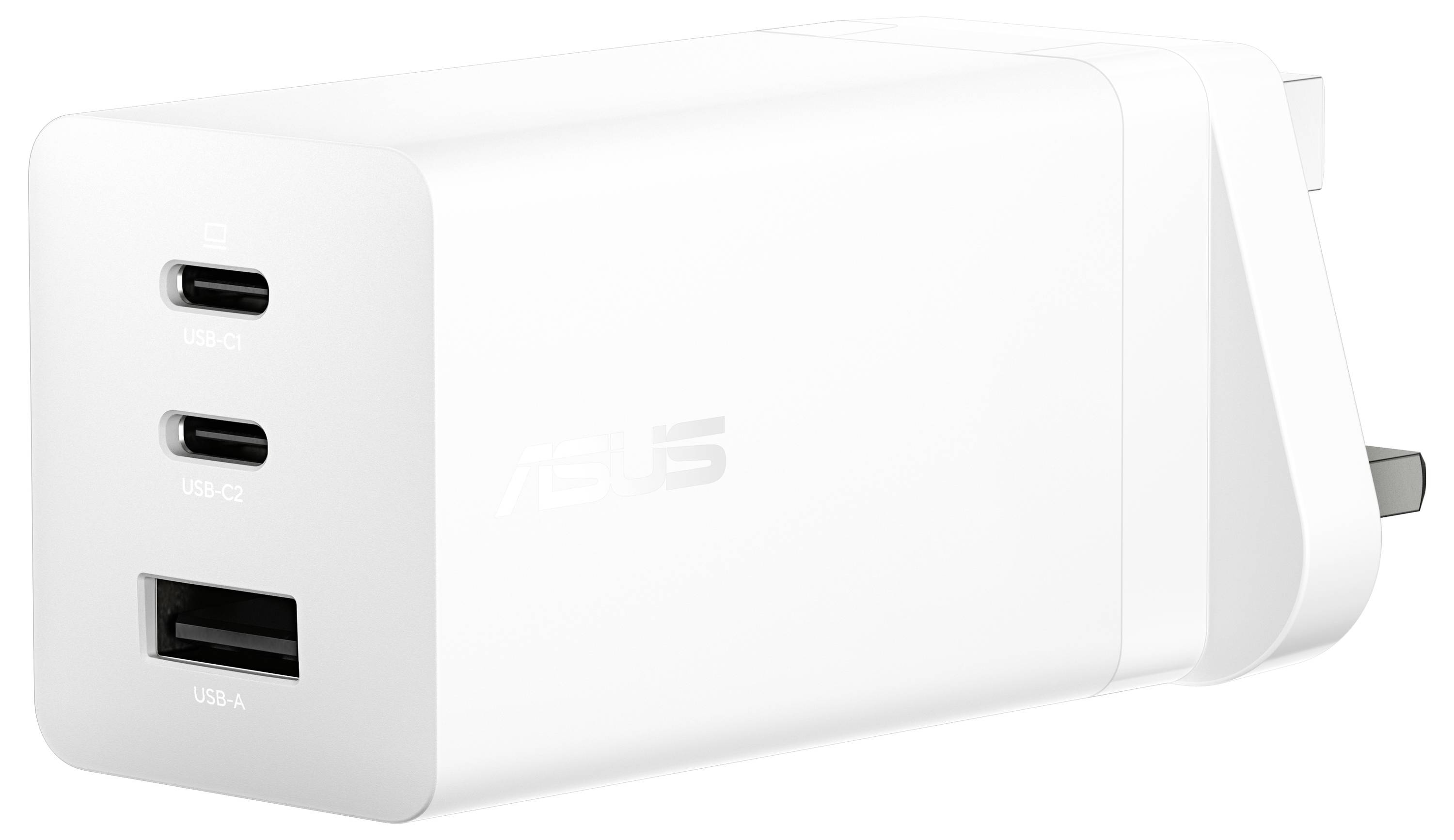 Ein weißer Ladegerät-Adapter mit zwei USB-C-Anschlüssen und einem USB-A-Anschluss, der einen Stecker an der Seite aufweist und für elektronische Geräte entwickelt wurde.