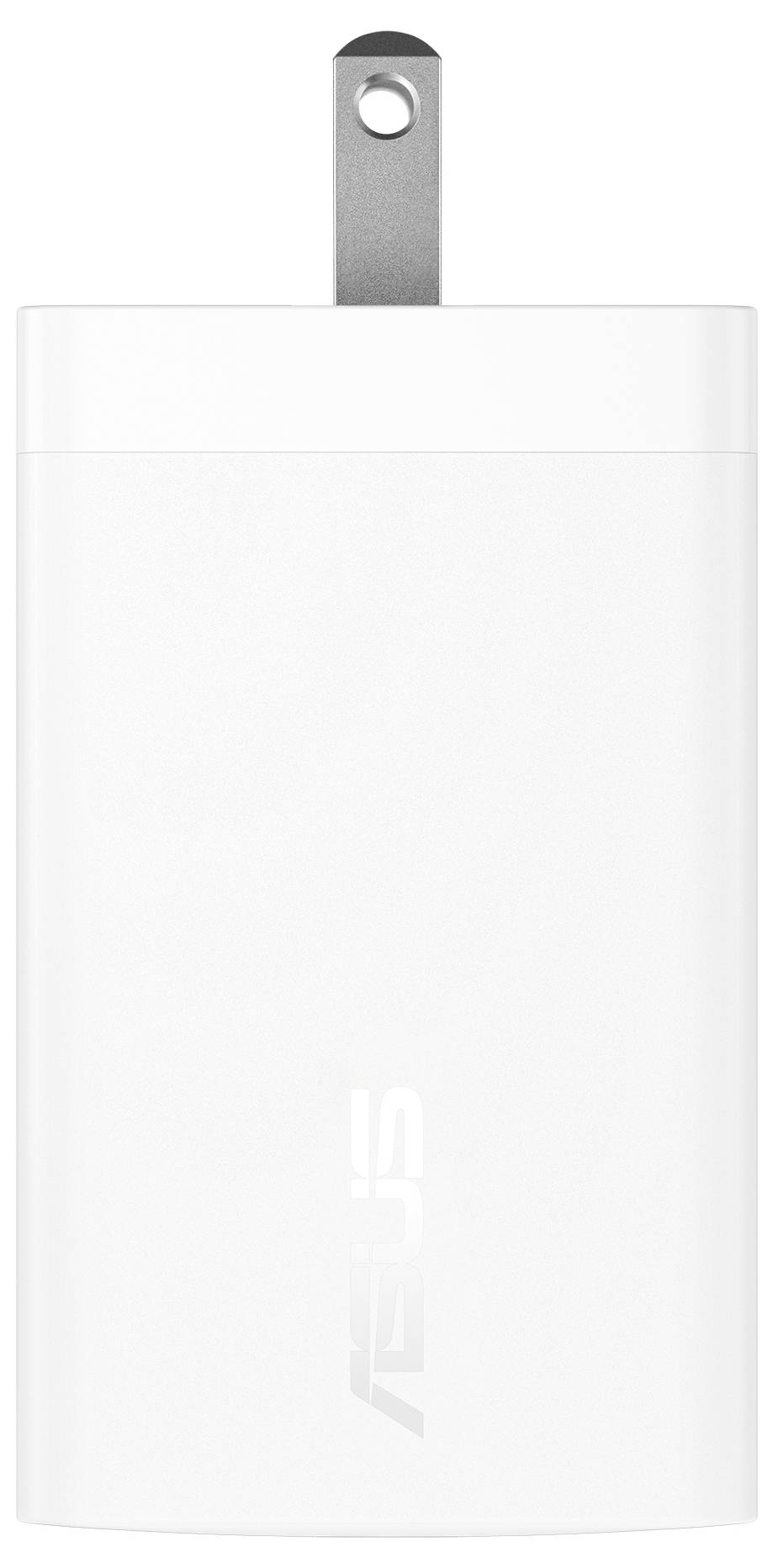 Ein weißer ASUS-Wandladegerät mit einem sichtbaren Stift, der für elektronische Geräte entwickelt wurde.