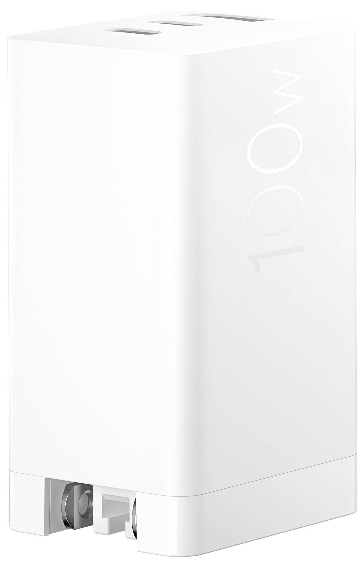 Weißer 100-W-Netzteil mit zwei USB-C-Anschlüssen an der Oberseite, entwickelt zum gleichzeitigen Aufladen mehrerer Geräte, mit einem eleganten, vertikalen Design.