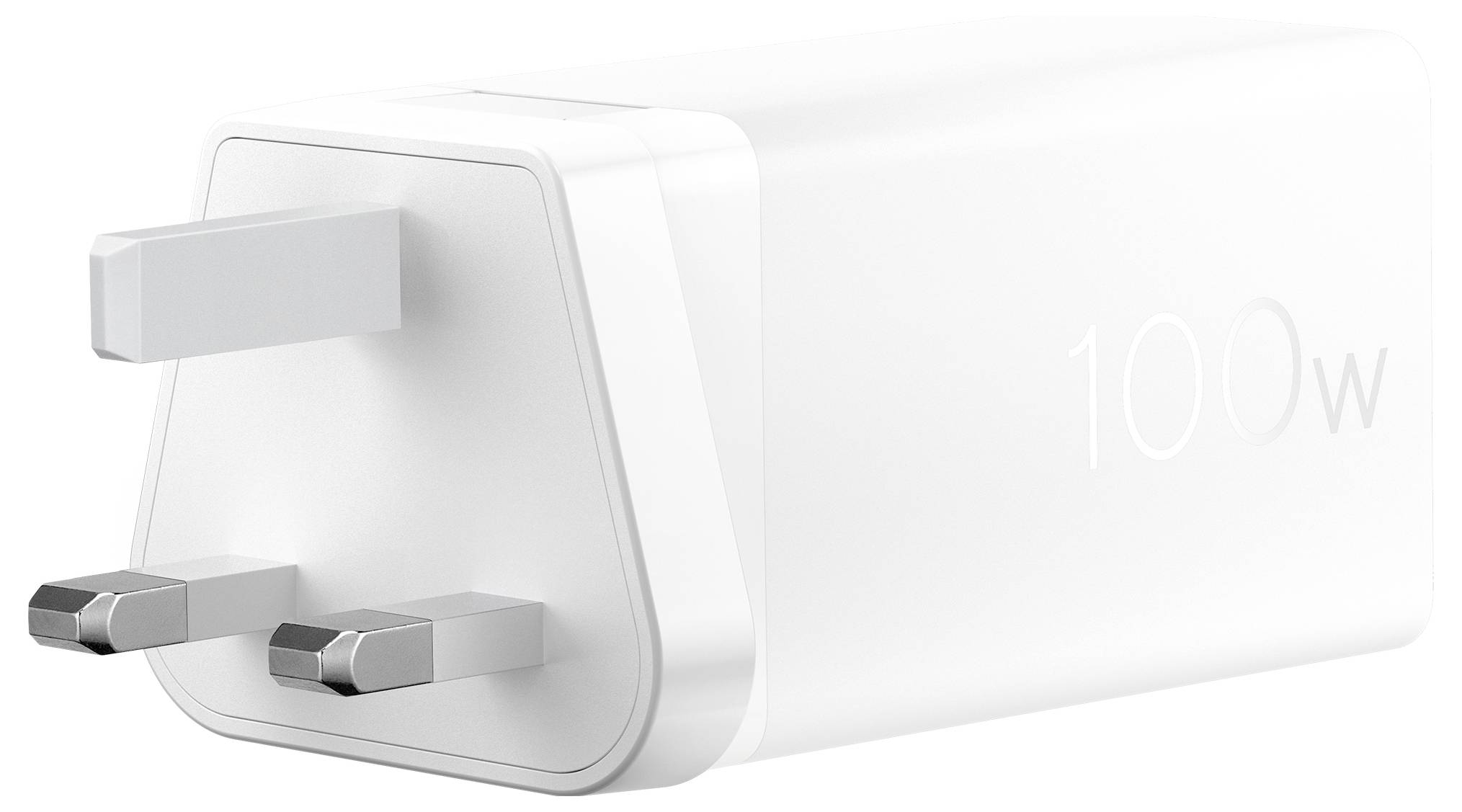 Ein weißer 100-W-Netzteil mit drei rechteckigen Stiften, für UK-Stecker konzipiert.