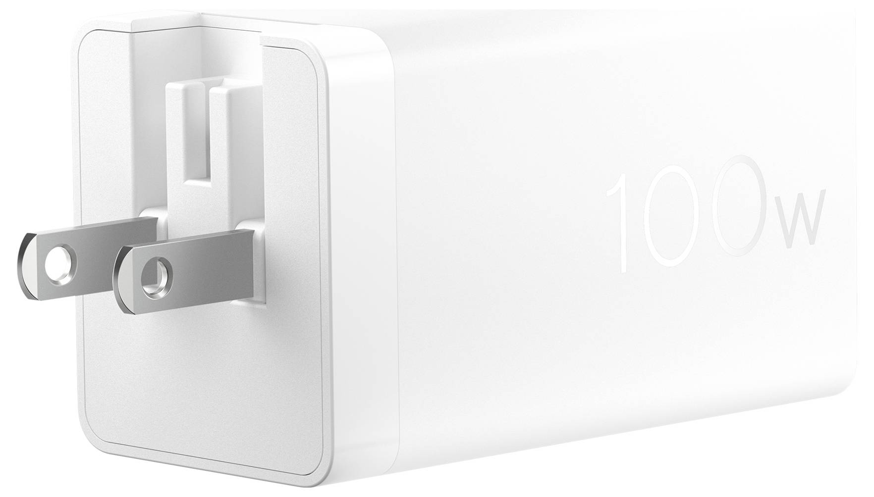 Ein weißer 100-W-USB-C-Netzteil mit klappbaren Steckern, von der Seite betrachtet.