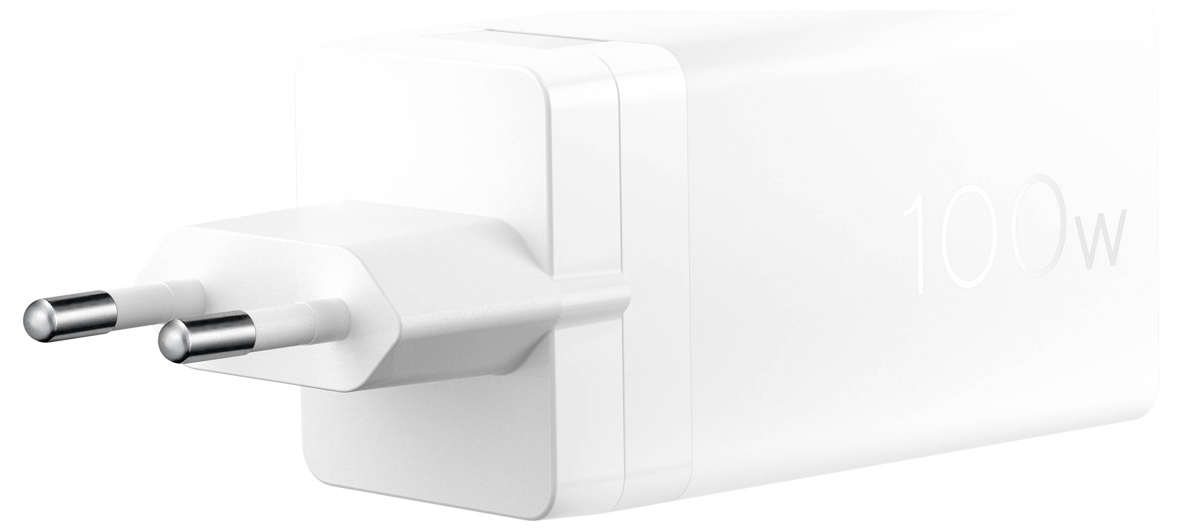Ein weißer 100-W-Netzteil mit zwei runden Stiften für EU-Steckdosen, konzipiert zum Aufladen elektronischer Geräte.