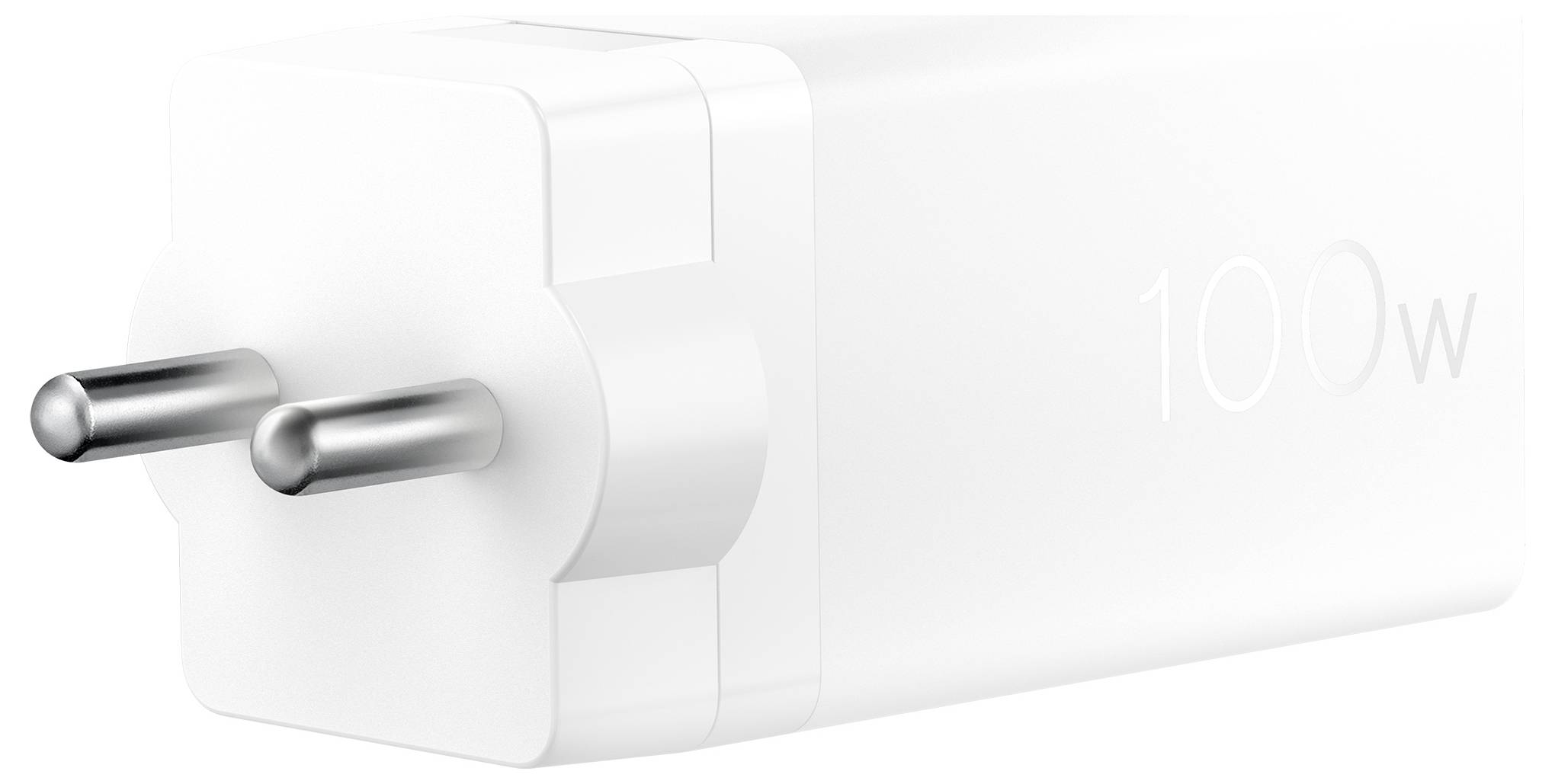 Ein weißer USB-C-Wandladegerät mit '100W' an seiner Seite, mit kompaktem Design und einem zweiprassigen Stecker.