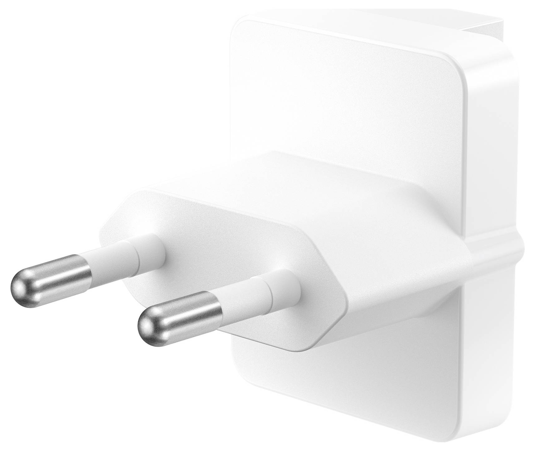 Ein weißer, zweipoliger AC-Netzstecker mit sichtbaren Metallstiften und glatter Oberfläche, der wahrscheinlich zum Aufladen elektronischer Geräte verwendet wird.