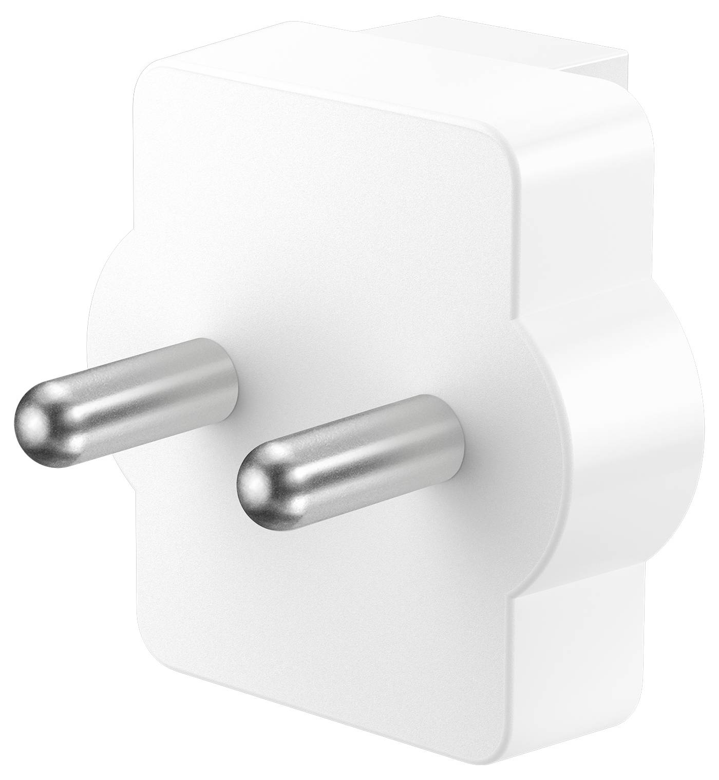 Ein weißer, zweiaddriger Elektro-Steckeradapter mit metallischen Stiften, der für europäische Steckdosen entwickelt wurde.