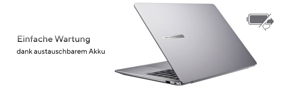 Silberner Laptop mit einem Symbol für einen herausnehmbaren Akku. Text lautet: 'Einfache Wartung dank austauschbarem Akku'