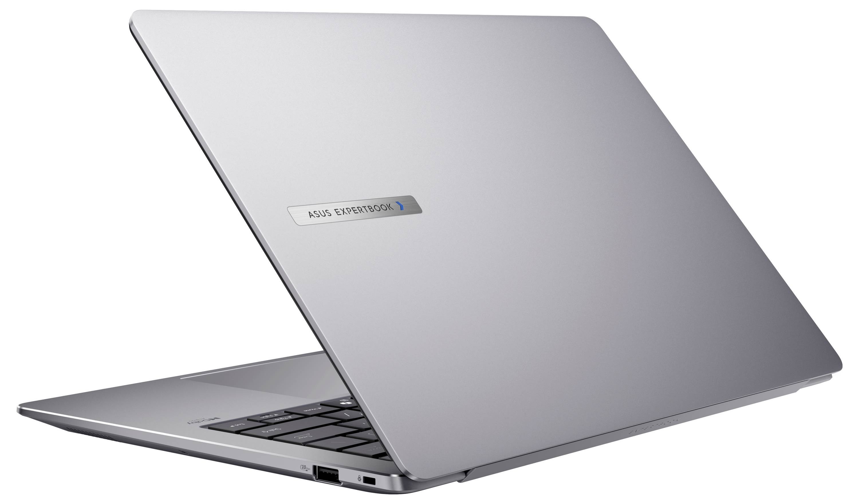 Ein silberner Laptop mit einer strukturierten Oberfläche, teilweise geöffnet, auf dessen Deckel das Markenlogo 'ASUS ExpertBook' zu sehen ist.