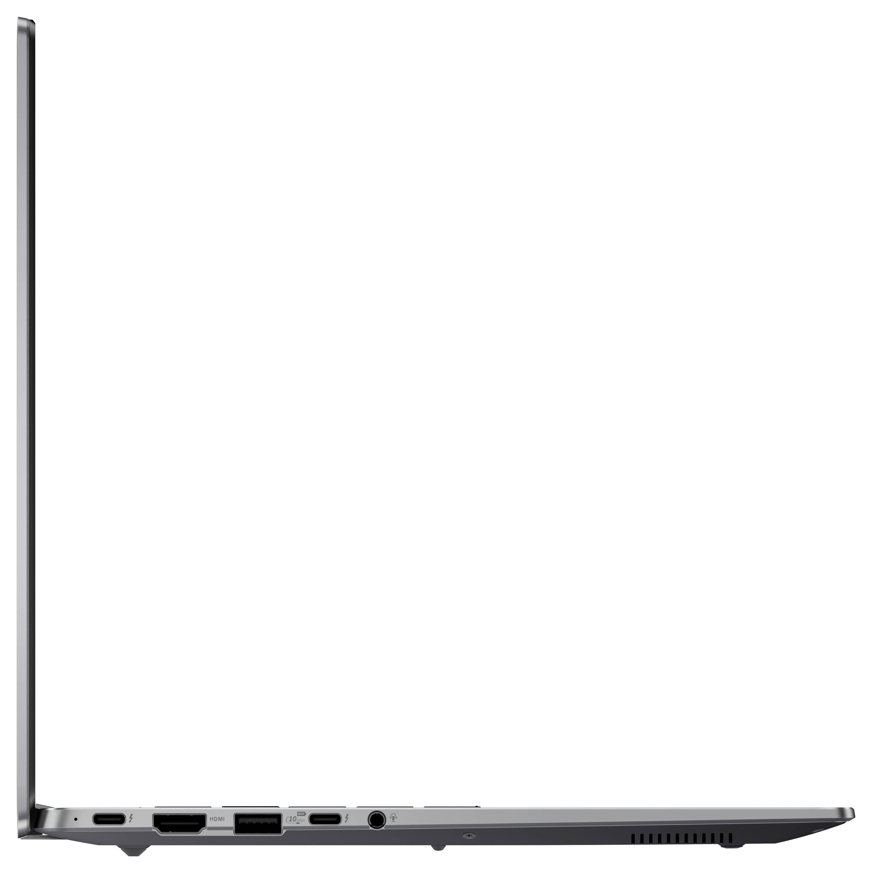 Seitenansicht eines dünnen Laptops, der in einem 90-Grad-Winkel geöffnet ist und Anschlüsse wie USB, HDMI und Audio an seiner linken Kante zeigt.