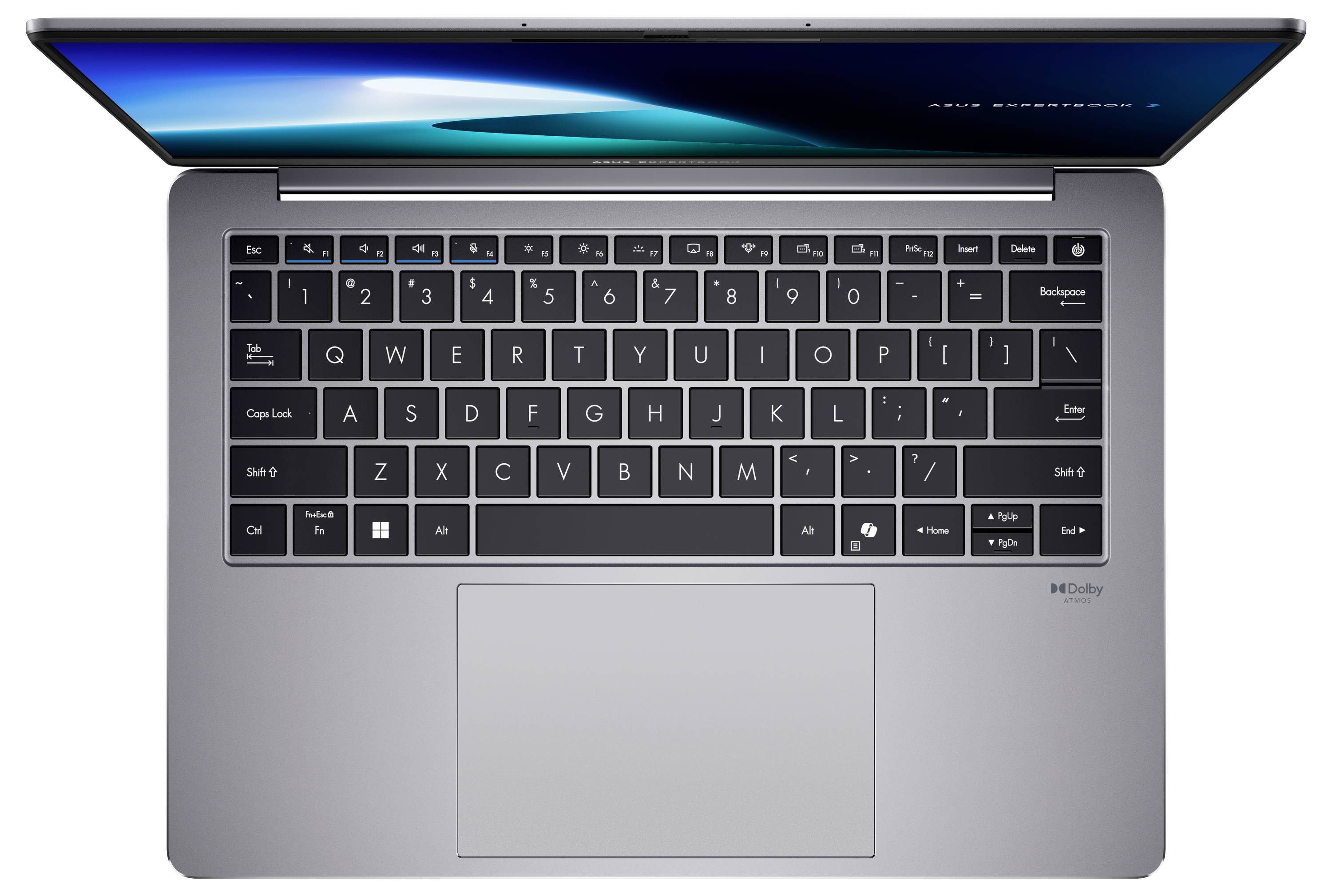 Eine Draufsicht eines geöffneten Laptops mit einer beleuchteten Tastatur und einem Bildschirm, der ein blaues Verlaufsgrafik zeigt, was moderne Technologie andeutet.