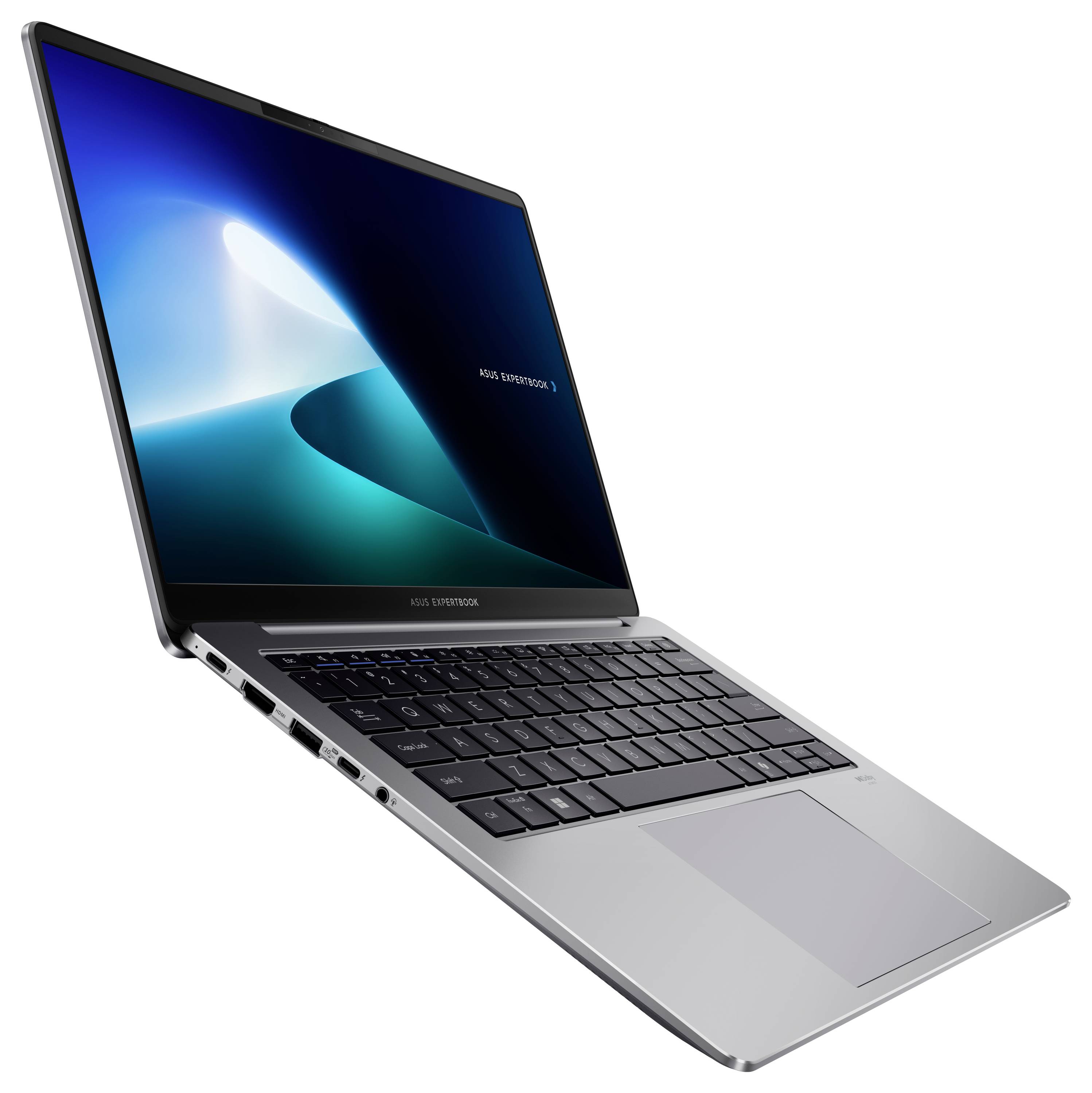 Silberner Laptop mit einer beleuchteten Tastatur und einem leuchtenden Bildschirm, auf dem das Logo angezeigt wird. Er verfügt über mehrere Anschlüsse an der linken Seite.