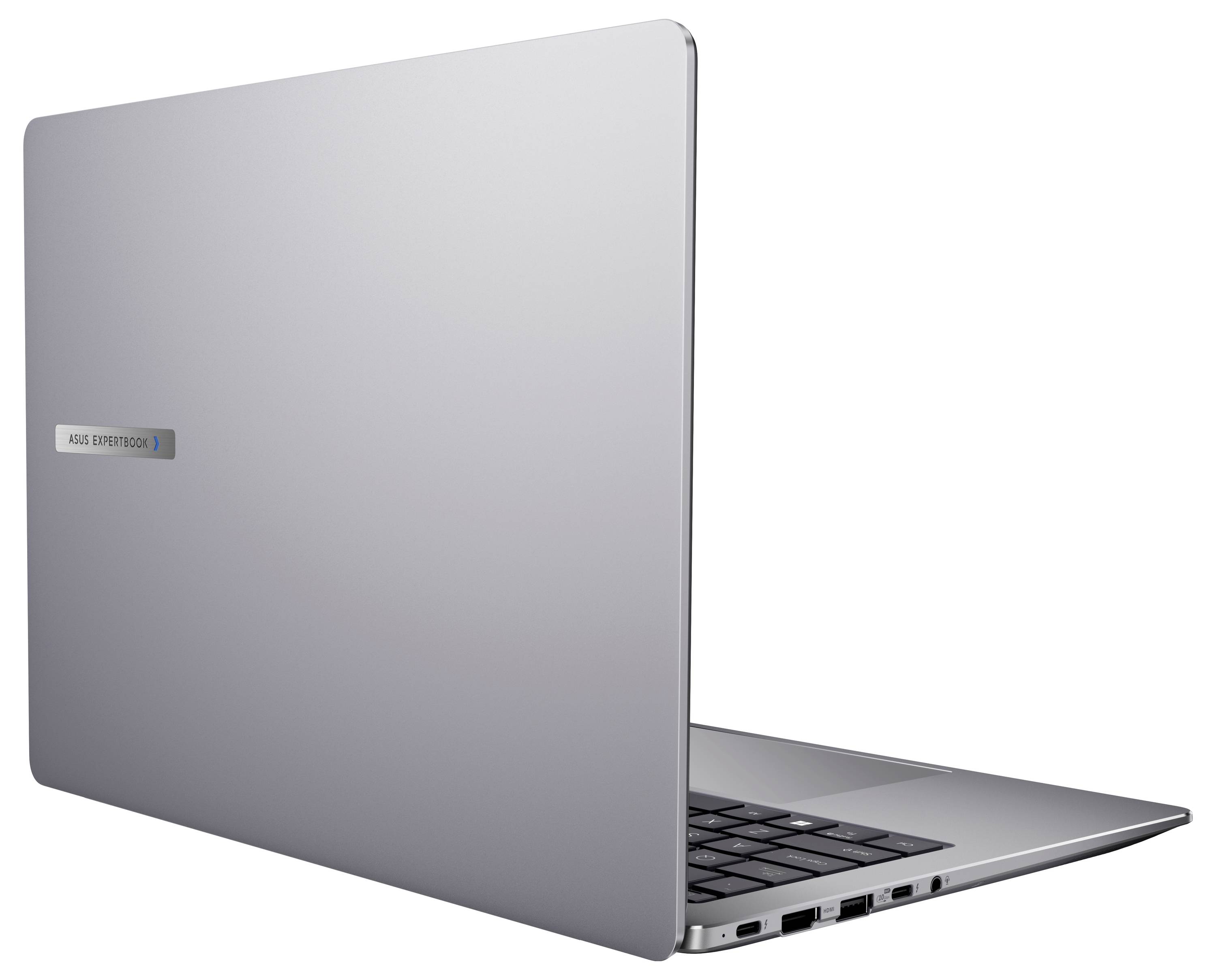 Schlanker silberner Laptop, halb geöffnet, zeigt Tastatur und mehrere Anschlüsse an der Seite, vor einem weißen Hintergrund.