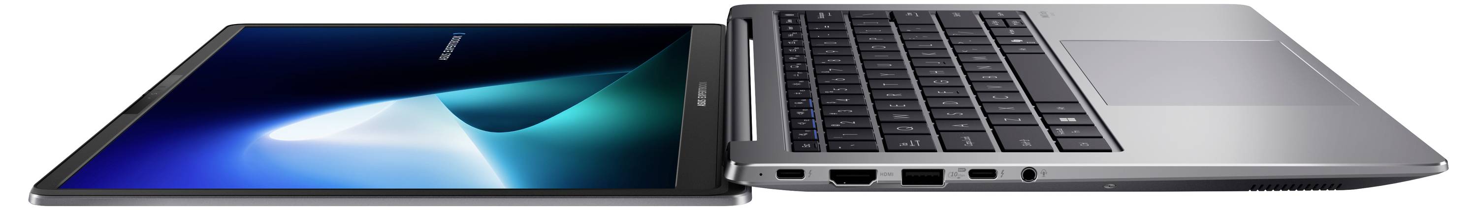 Ein schlanker, dünner Laptop, halb geöffnet, mit einem lebhaften Bildschirm und einer schwarzen Tastatur, von der Seite betrachtet.