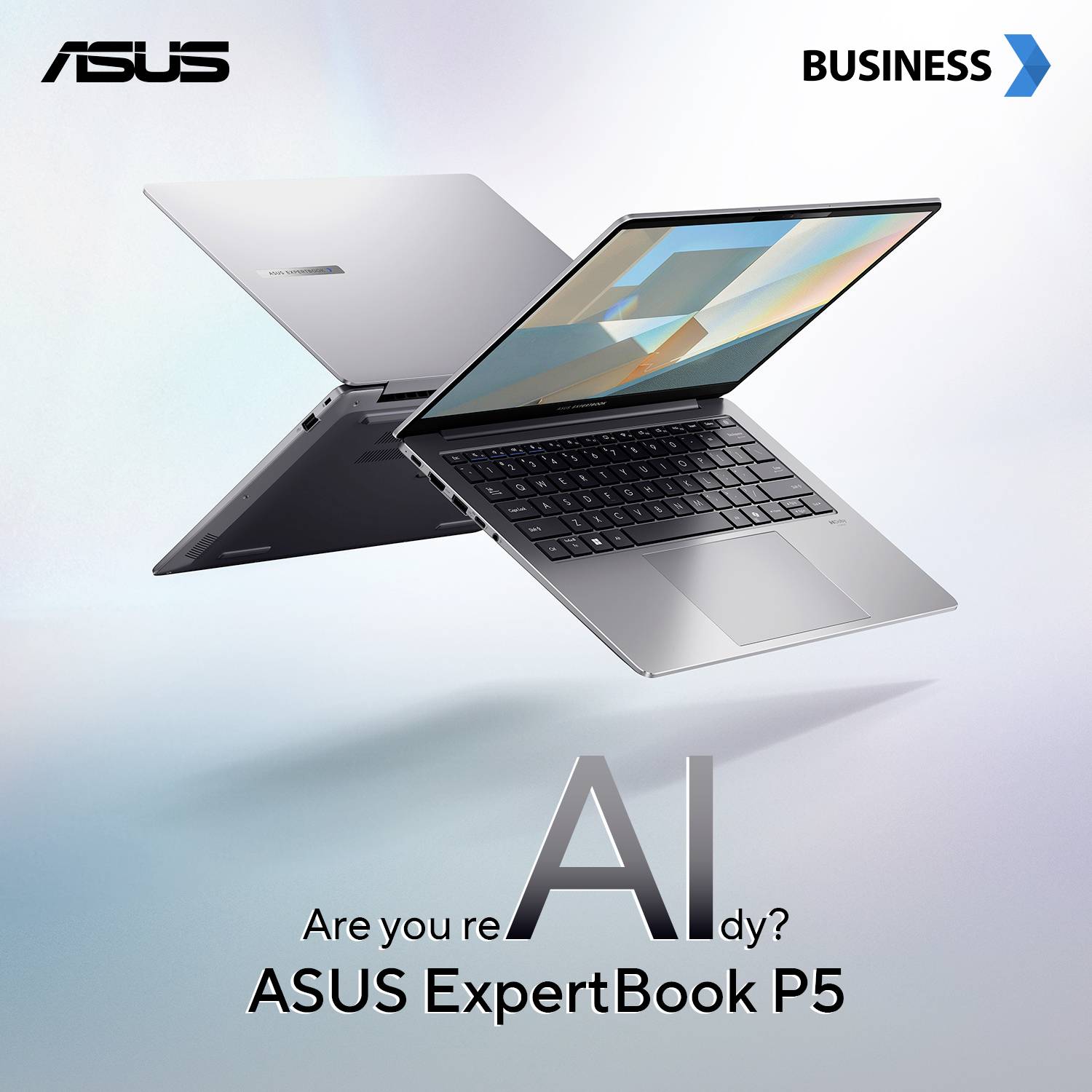 'ASUS ExpertBook P5' Laptop-Marketingbild mit zwei Laptops in elegantem Design und dem Text 'Bist du reAI dy?' und 'Business'.