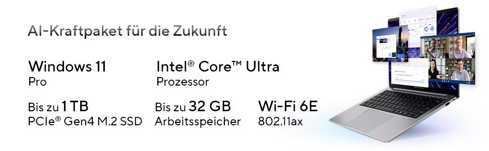 Ein futuristisches Laptop mit mehreren Bildschirm-Overlays, das 'Windows 11 Pro', 'Intel Core Ultra', bis zu '1TB SSD' und 'Wi-Fi 6E' anzeigt.