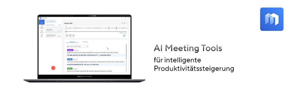 Ein Laptop-Bildschirm, der eine KI-Meeting-Tools-Schnittstelle mit dem Text: 'KI-Meeting-Tools für intelligente Produktivitätssteigerung' und einem blauen Logo zeigt.
