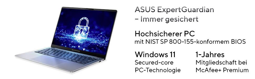 ASUS ExpertGuardian – Immer gesichert<br><br>Laptop mit sicherem Verschlusssymbol, hervorgehoben durch:<br>- NIST SP 800-155 BIOS-Konformität<br>- Windows 11<br>- 1 Jahr McAfee+ Premium Mitgliedschaft