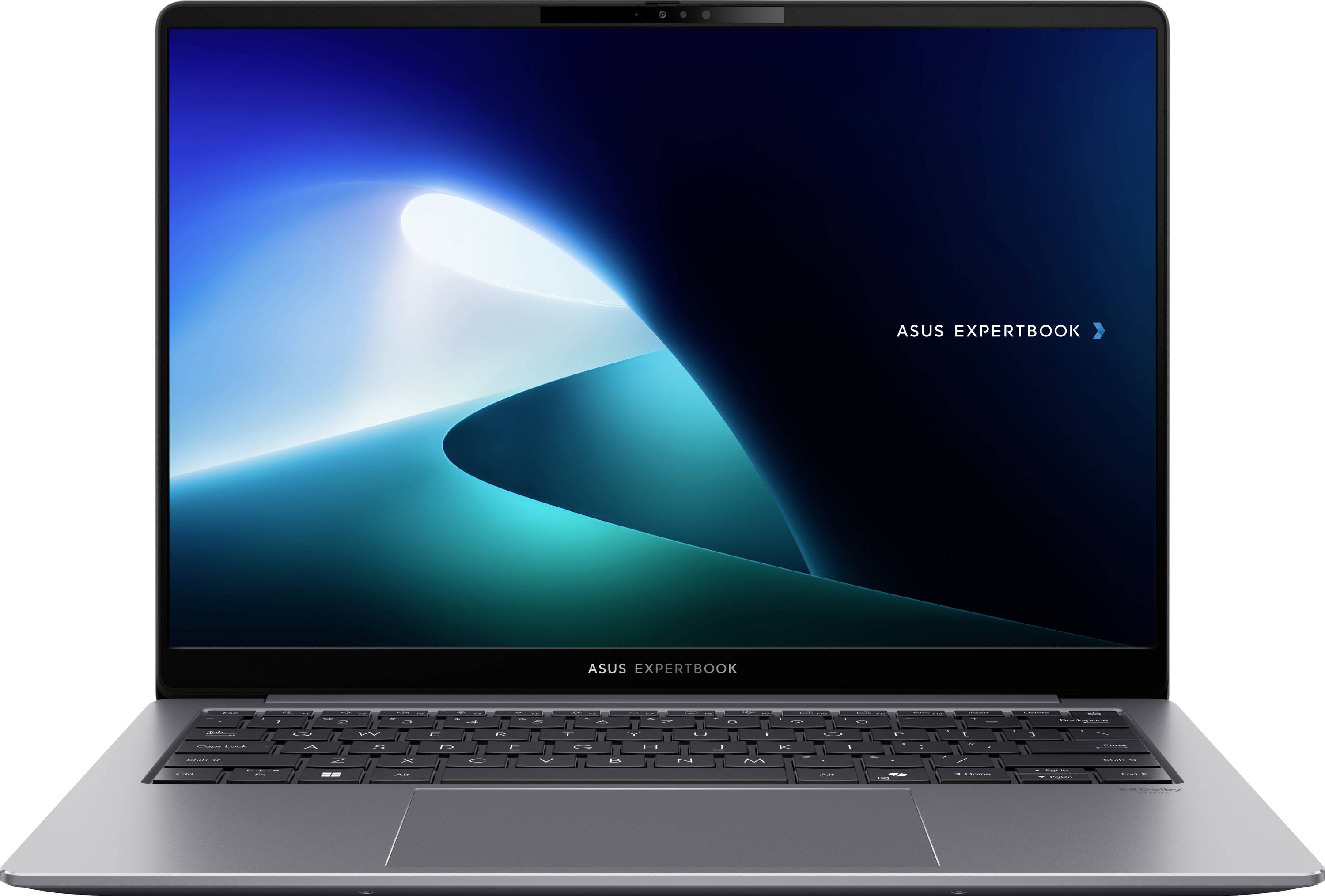 Ein Laptop mit einem blauen abstrakten Hintergrund, auf dessen Bildschirm der Text ‚ASUS ExpertBook' zu sehen ist und ein elegantes, modernes Design repräsentiert.