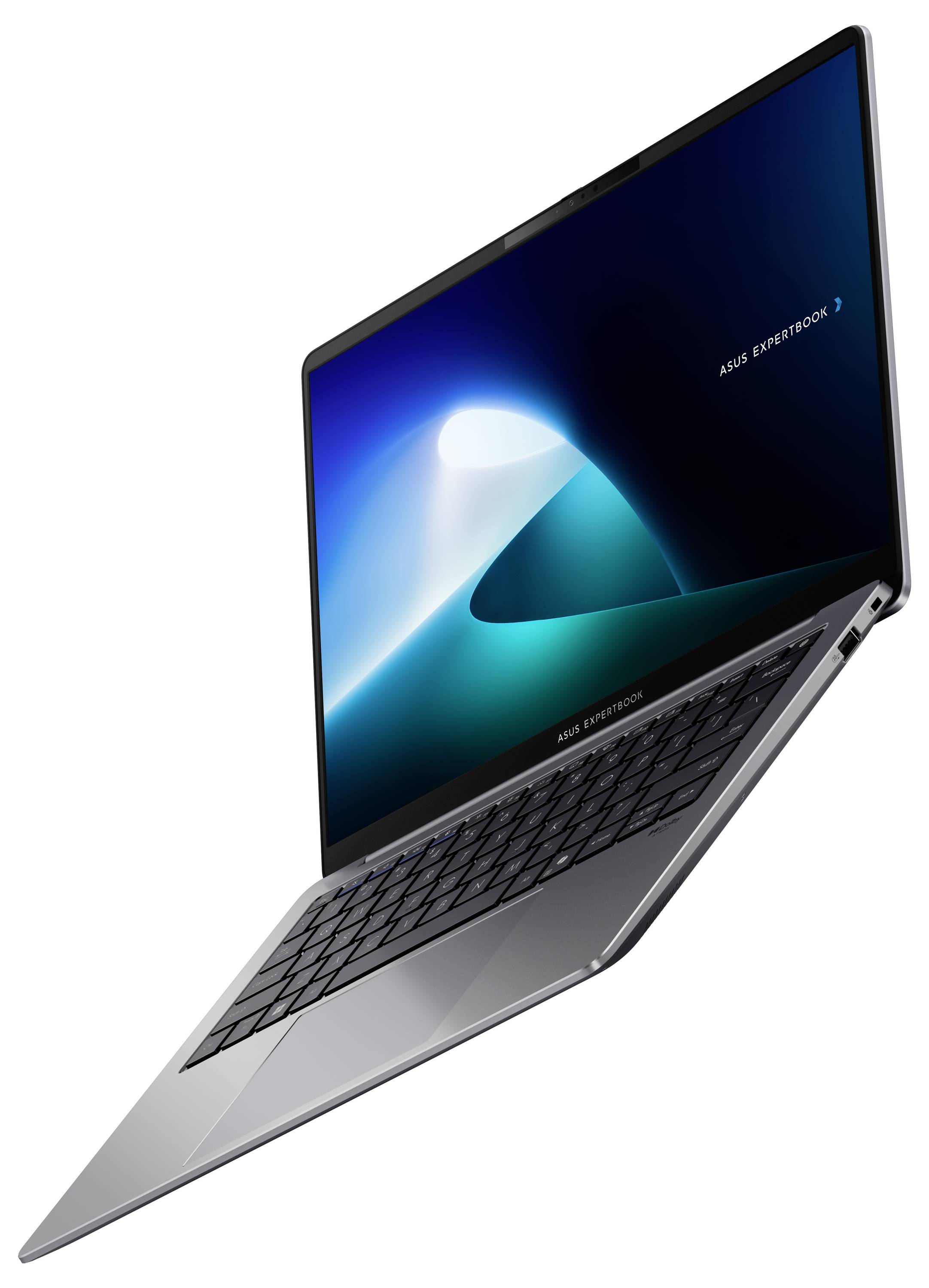 Ein schlanker, offener Laptop, der ein lebendiges abstraktes Blau-Weiß-Bild auf dem Bildschirm zeigt. Die Tastatur und das Touchpad sind sichtbar.