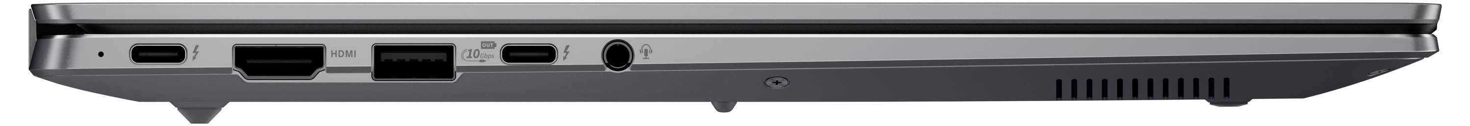 Laptop-Seitenansicht mit USB-, HDMI-, Ethernet- und Audioports.