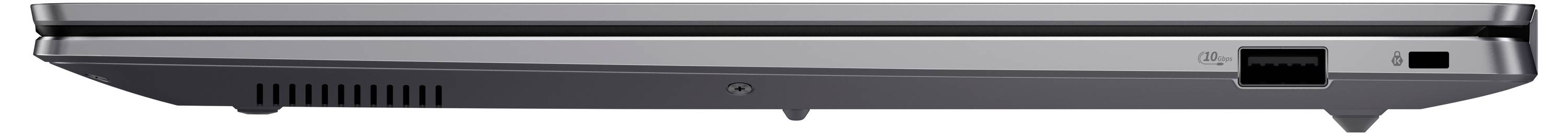 Ein geschlossener Laptop von der Seite, der einen Ethernet-Anschluss, einen USB-Anschluss und Belüftungsschlitze zeigt, die Konnektivitätsoptionen andeuten.