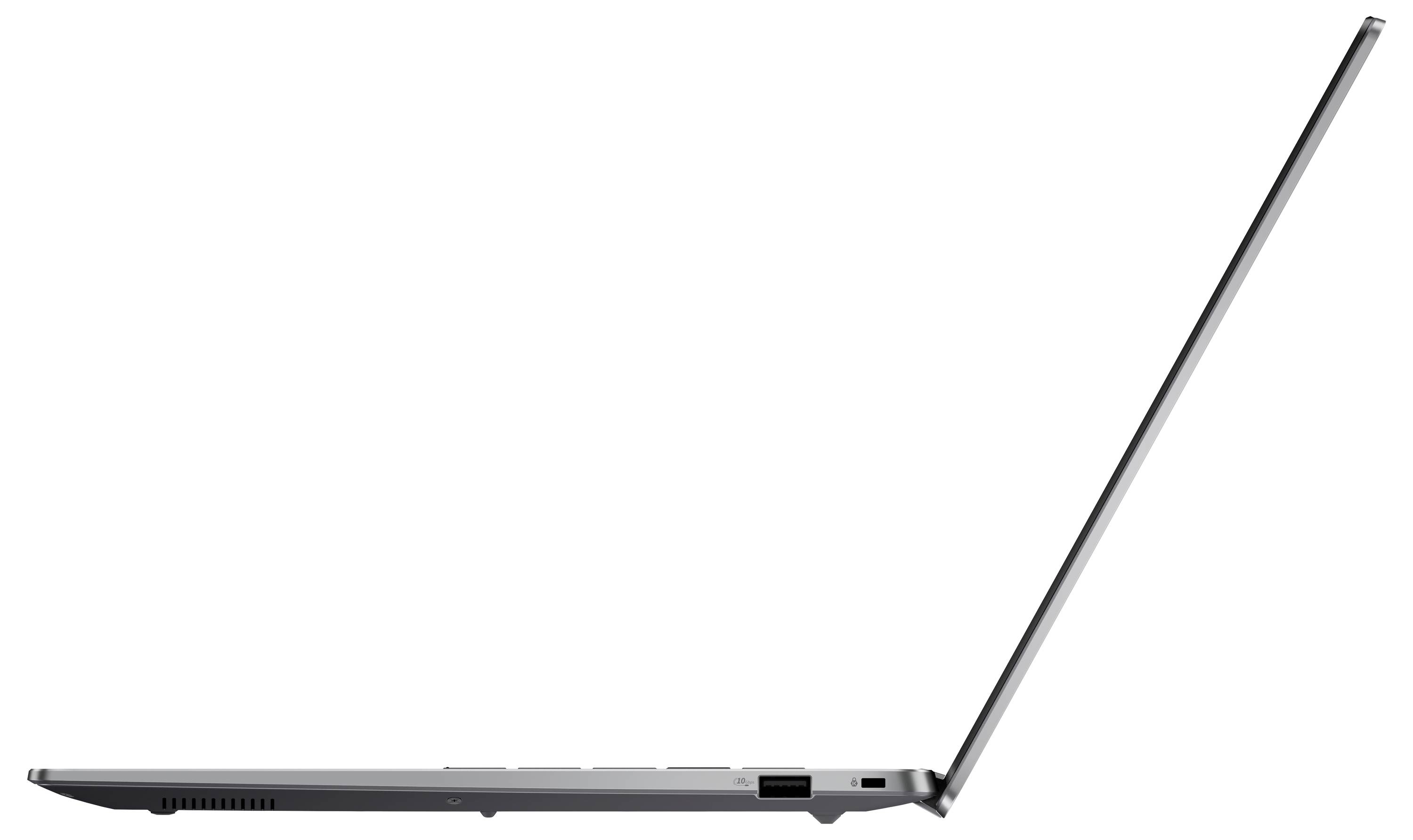 Ein schlanker, dünner silberner Laptop, von der Seitenansicht aus gesehen, in leicht geöffneter Position.