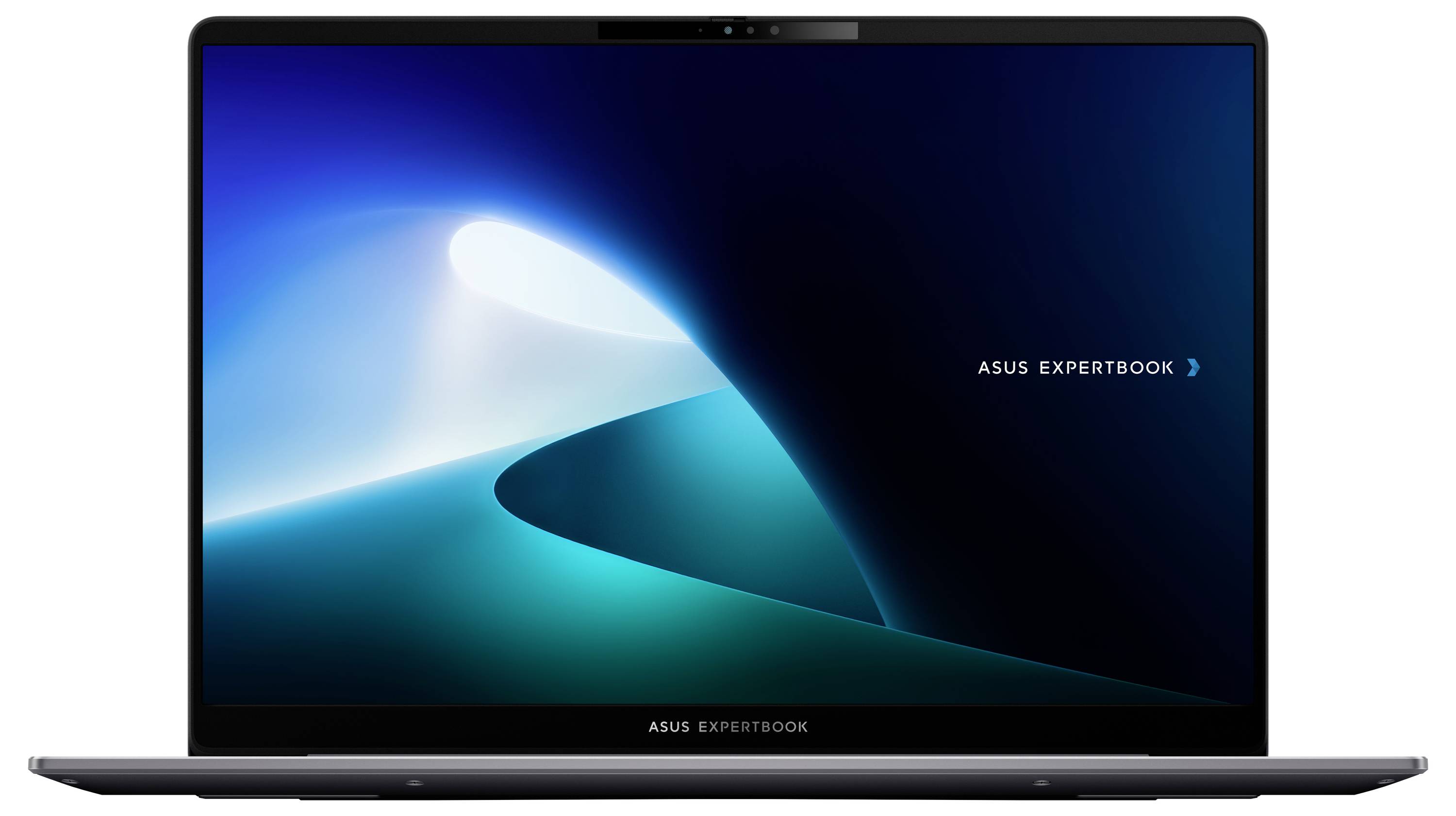Ein Laptop-Computer, der ein digitales Hintergrundbild mit einem blau-weißen abstrakten Design zeigt. Auf dem Bildschirm steht 'ASUS ExpertBook.'