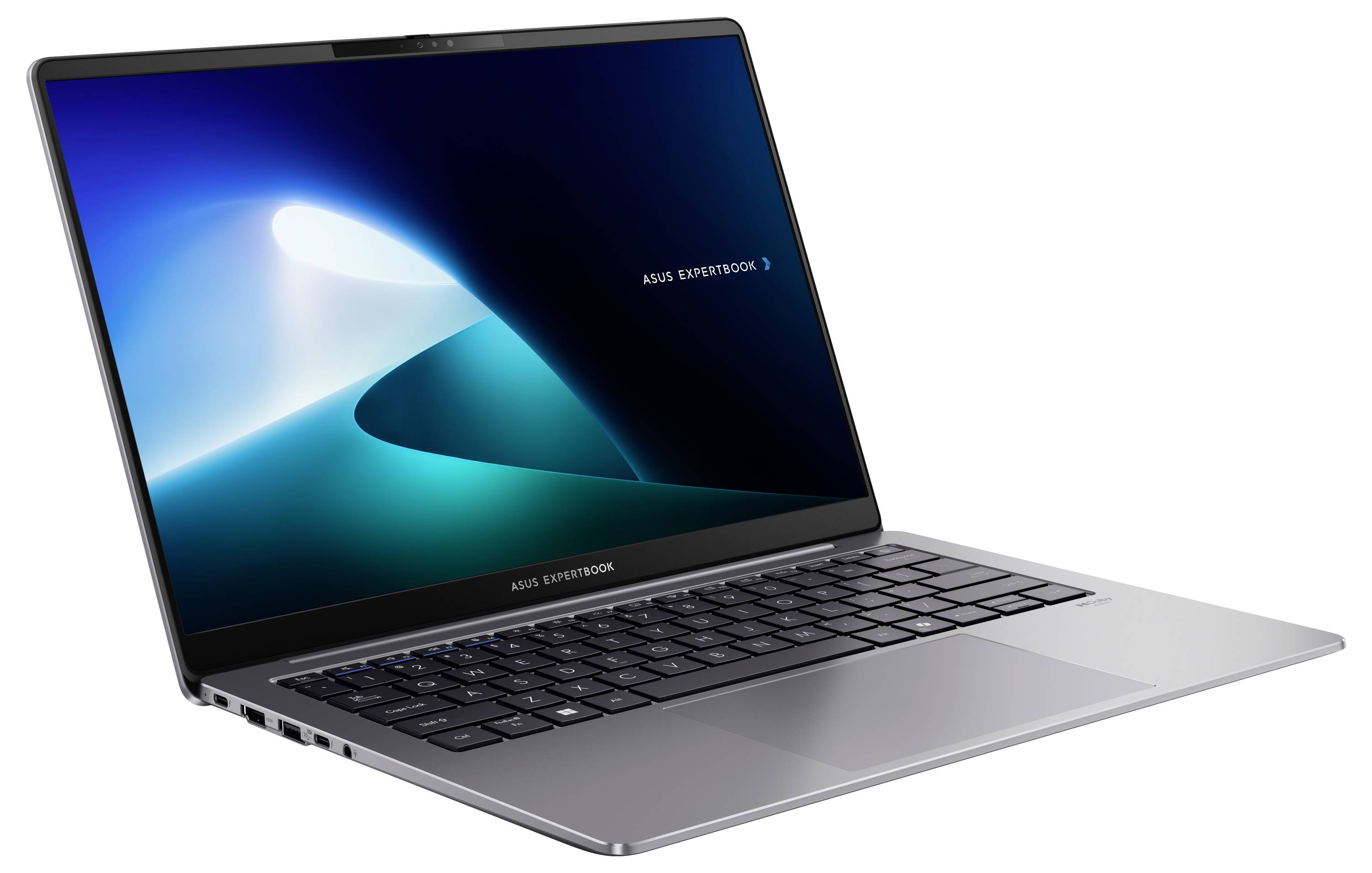 Ein schlankes silbernes Laptop mit einer schwarzen Tastatur und einem Bildschirm, der ein dynamisches abstraktes Bild in Blau und Weiß zeigt.