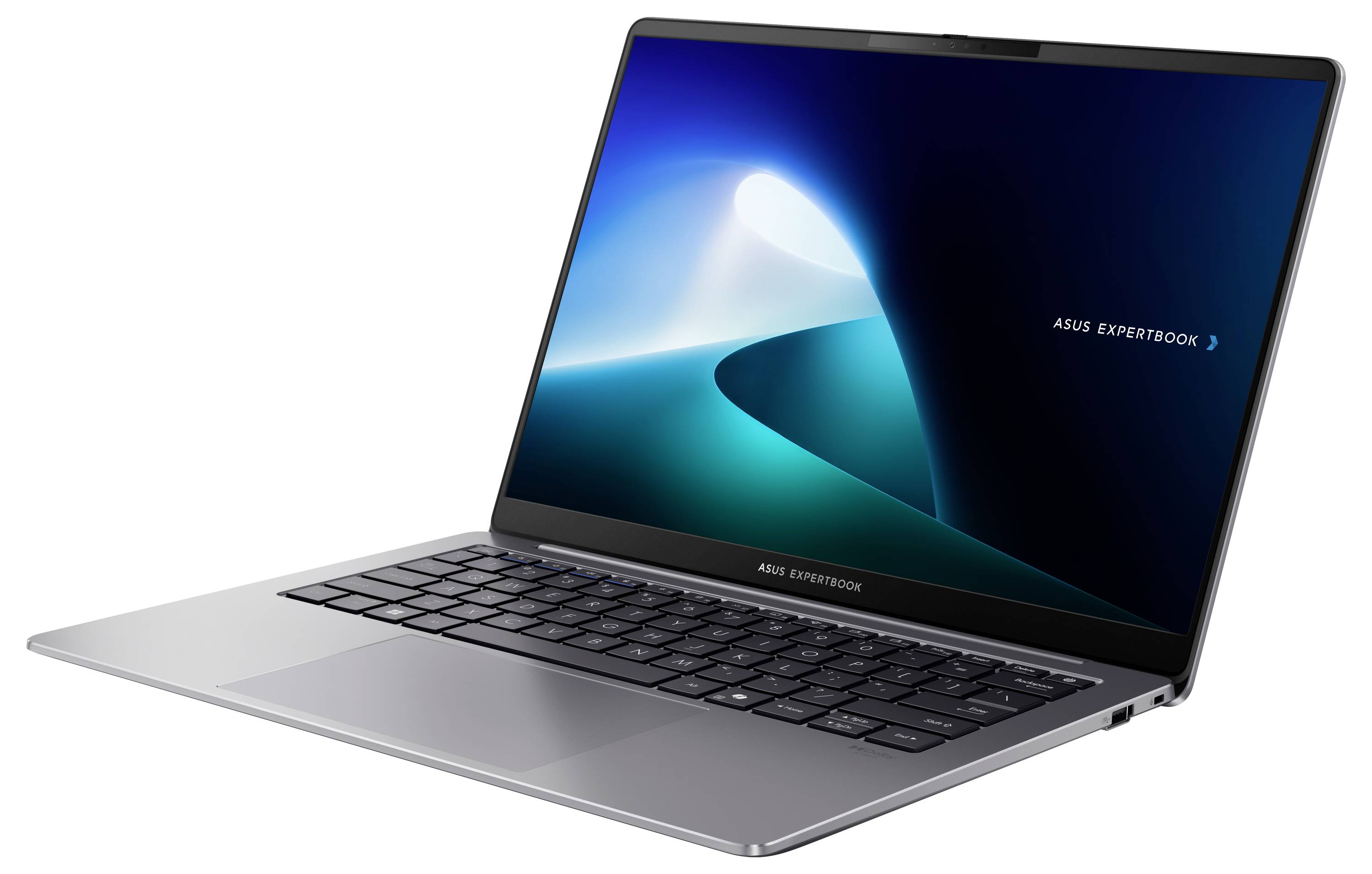 Ein silberner Laptop mit einer beleuchteten Tastatur und einem Bildschirm, auf dem ein blauer abstrakter Hintergrund zu sehen ist. Die Worte 'ASUS ExpertBook' sind auf dem Bildschirm zu lesen.