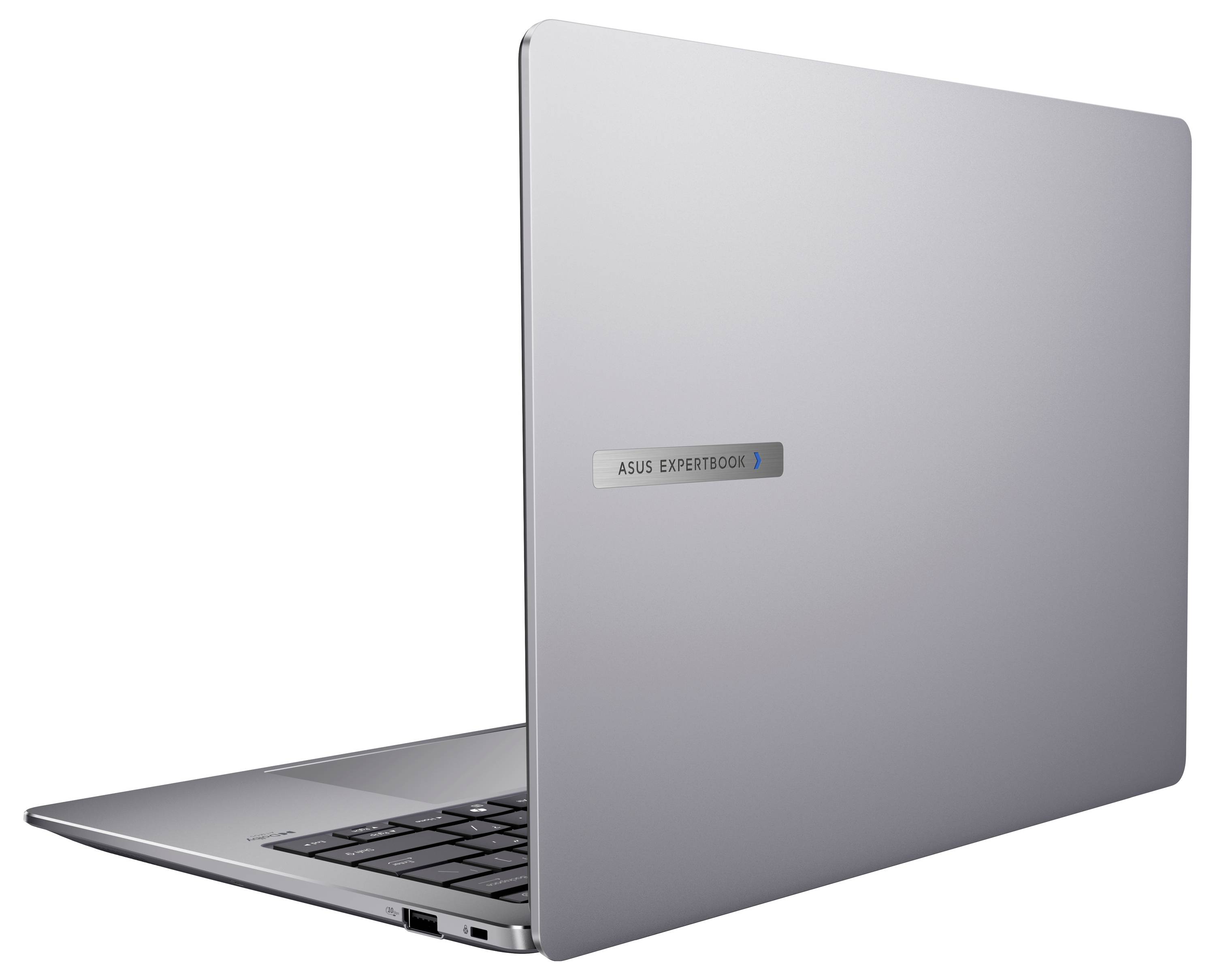 Silberner Laptop von hinten zu sehen, auf dem das Logo des 'ASUS ExpertBook' zu erkennen ist. Der Laptop ist teilweise geöffnet und zeigt seine Tastatur.