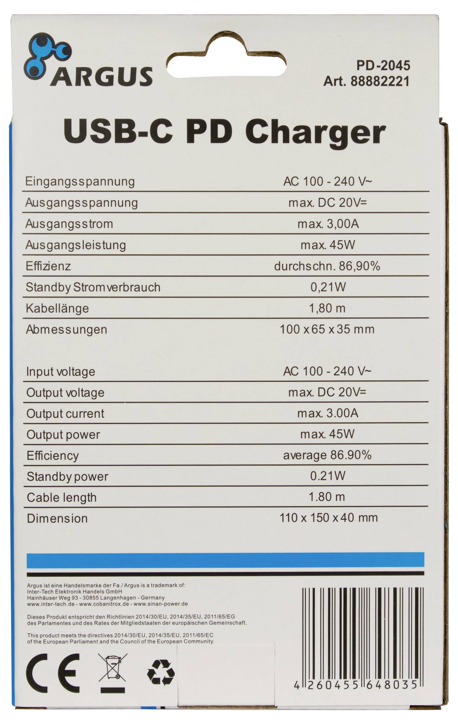 Inter-Tech PD-2045 USB Ladegerät 45W Schwarz Innenbereich