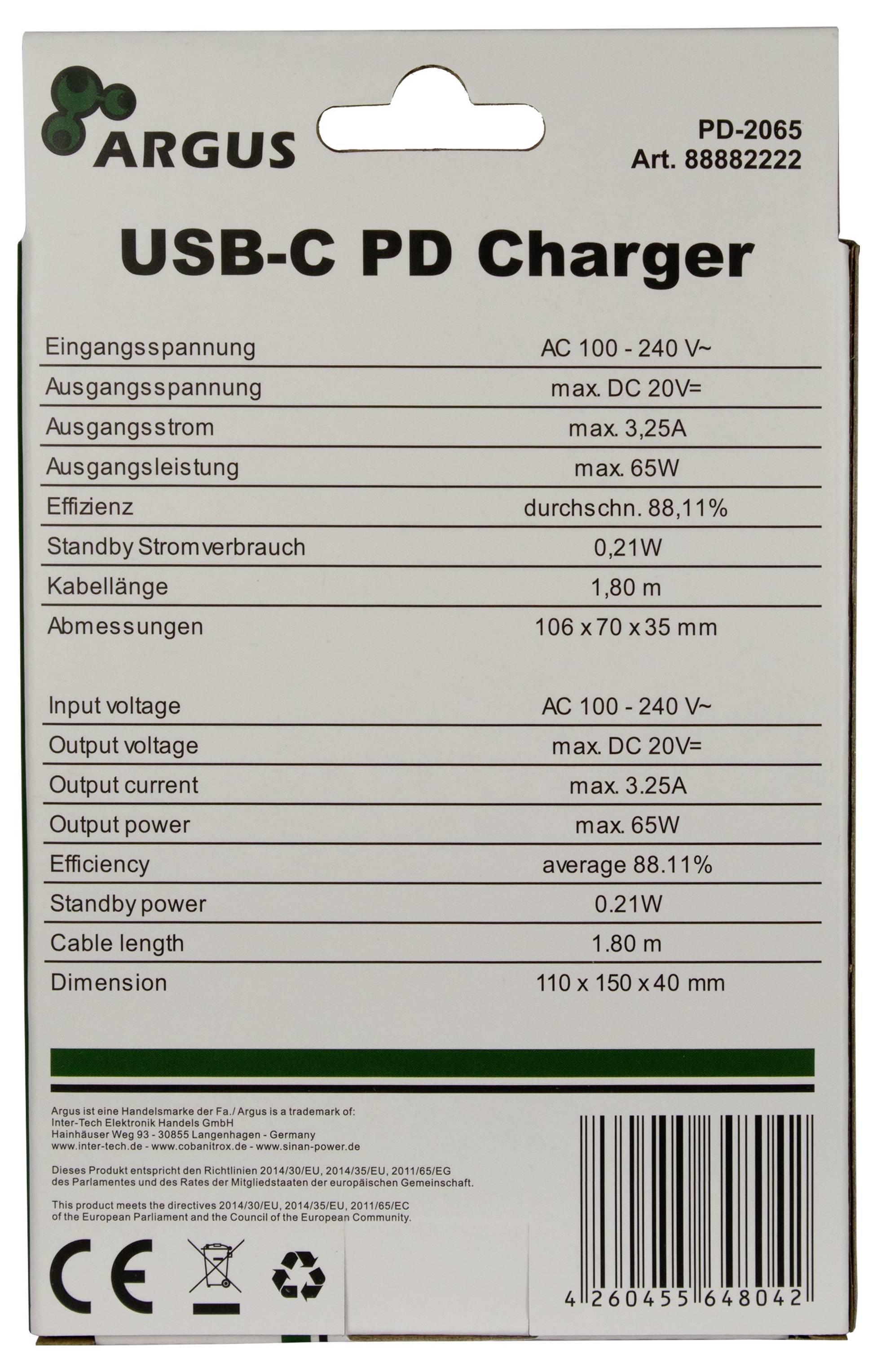 Inter-Tech PD-2065 USB Ladegerät 65W Schwarz Innenbereich