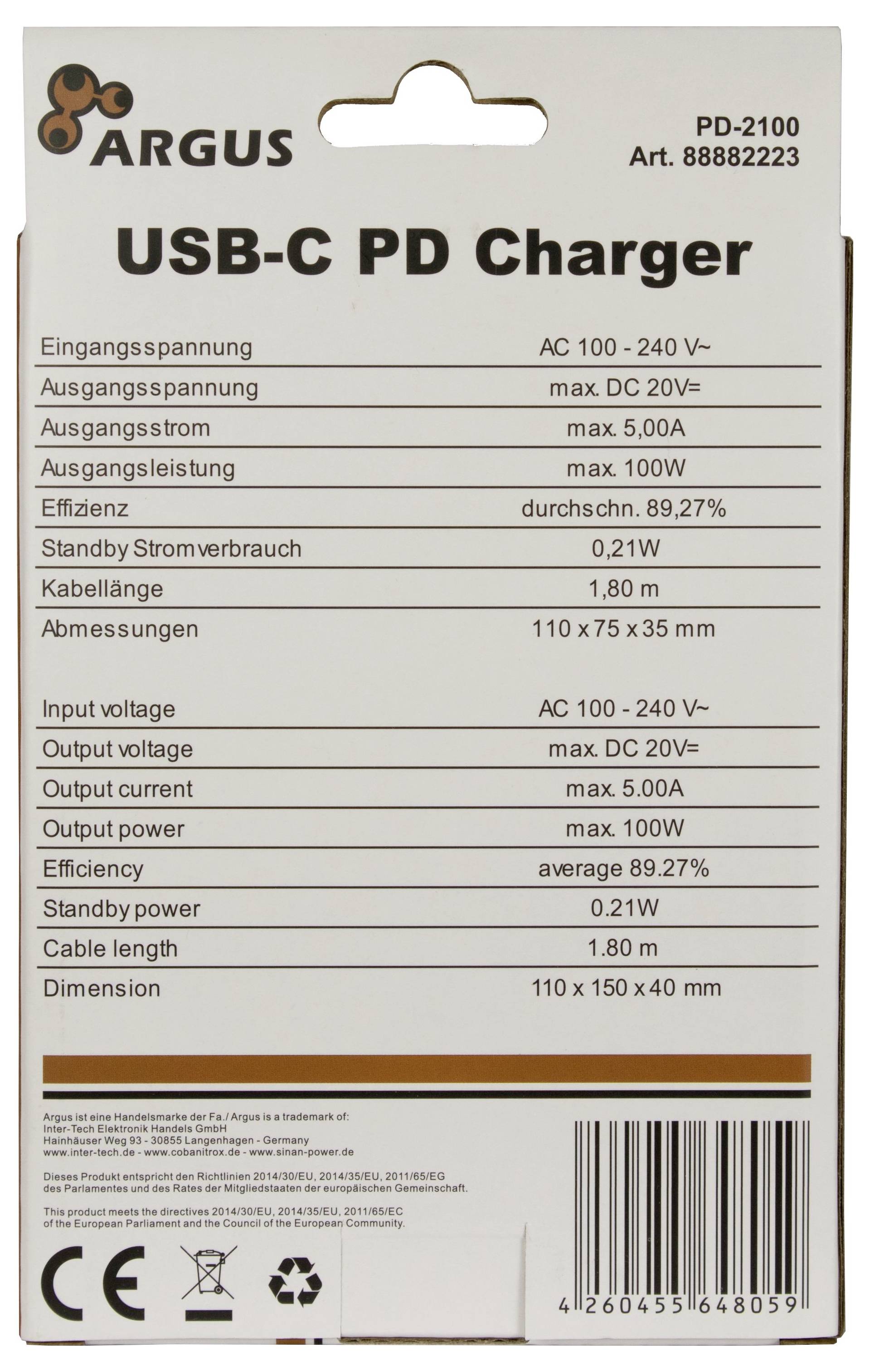 Inter-Tech PD-2100 USB Ladegerät 100W Schwarz Innenbereich