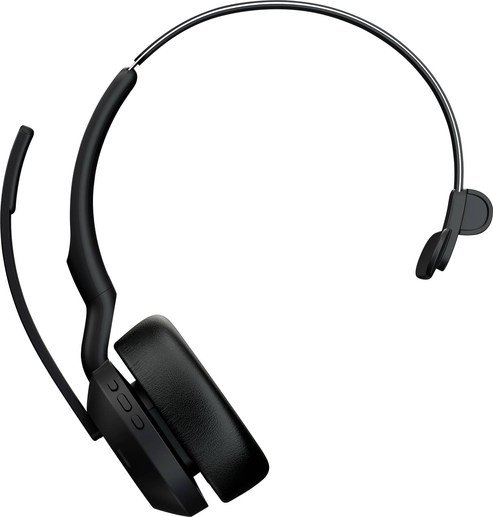 Ein schwarzes, einseitiges Headset mit Mikrofonarm und Ohrmuschel, für Kommunikation und professionelle Nutzung geeignet.