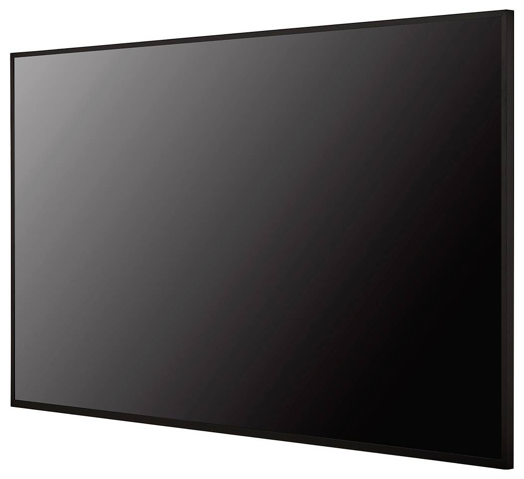 Ein schlanker, großer rechteckiger Flachbildschirm-Fernseher mit schwarzem Rahmen, ausgeschaltet, reflektiert minimales Licht auf seiner Oberfläche.